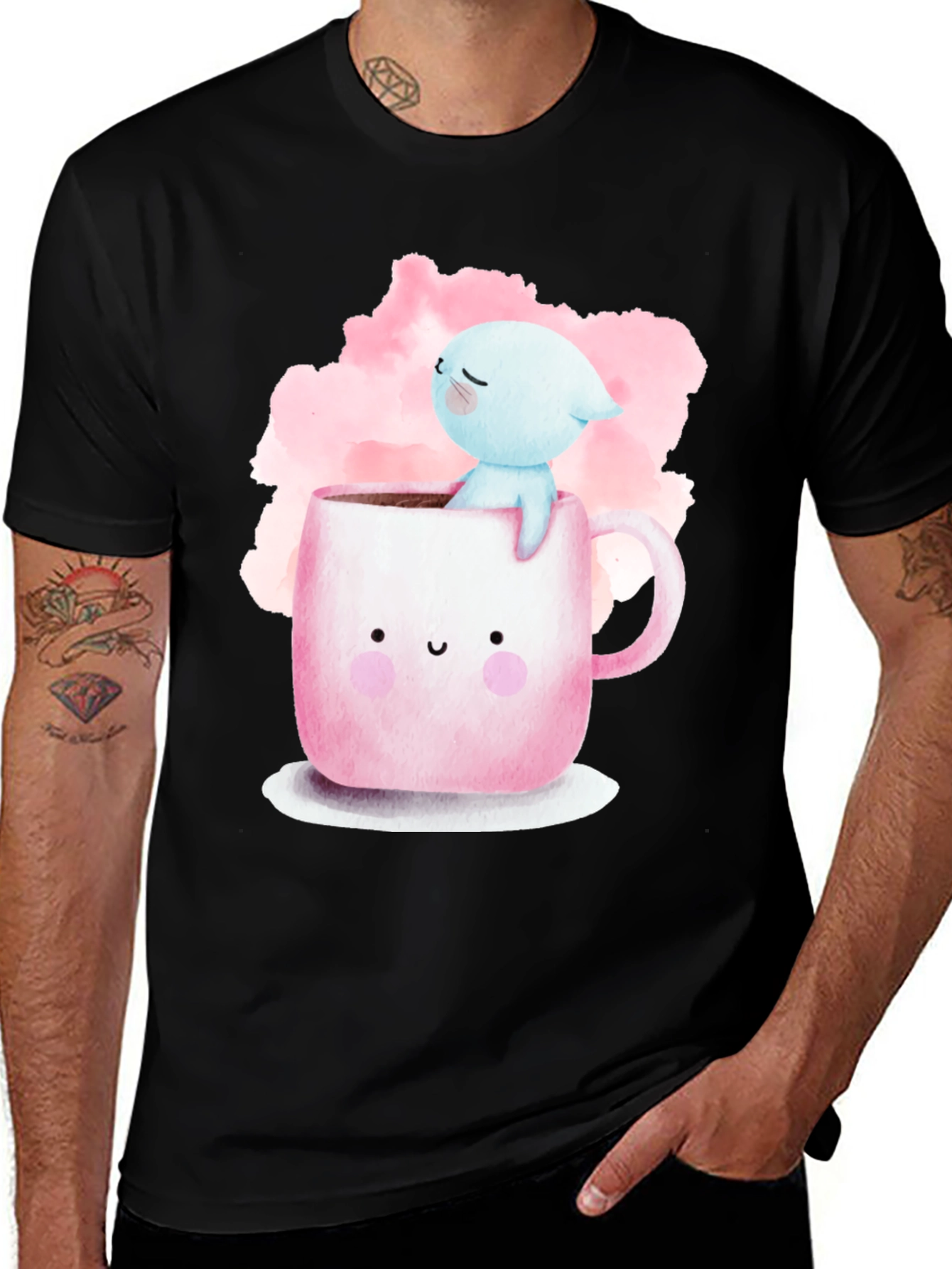 Black Cute Cartoon Cat in Mug Graphic Tee - Black main image