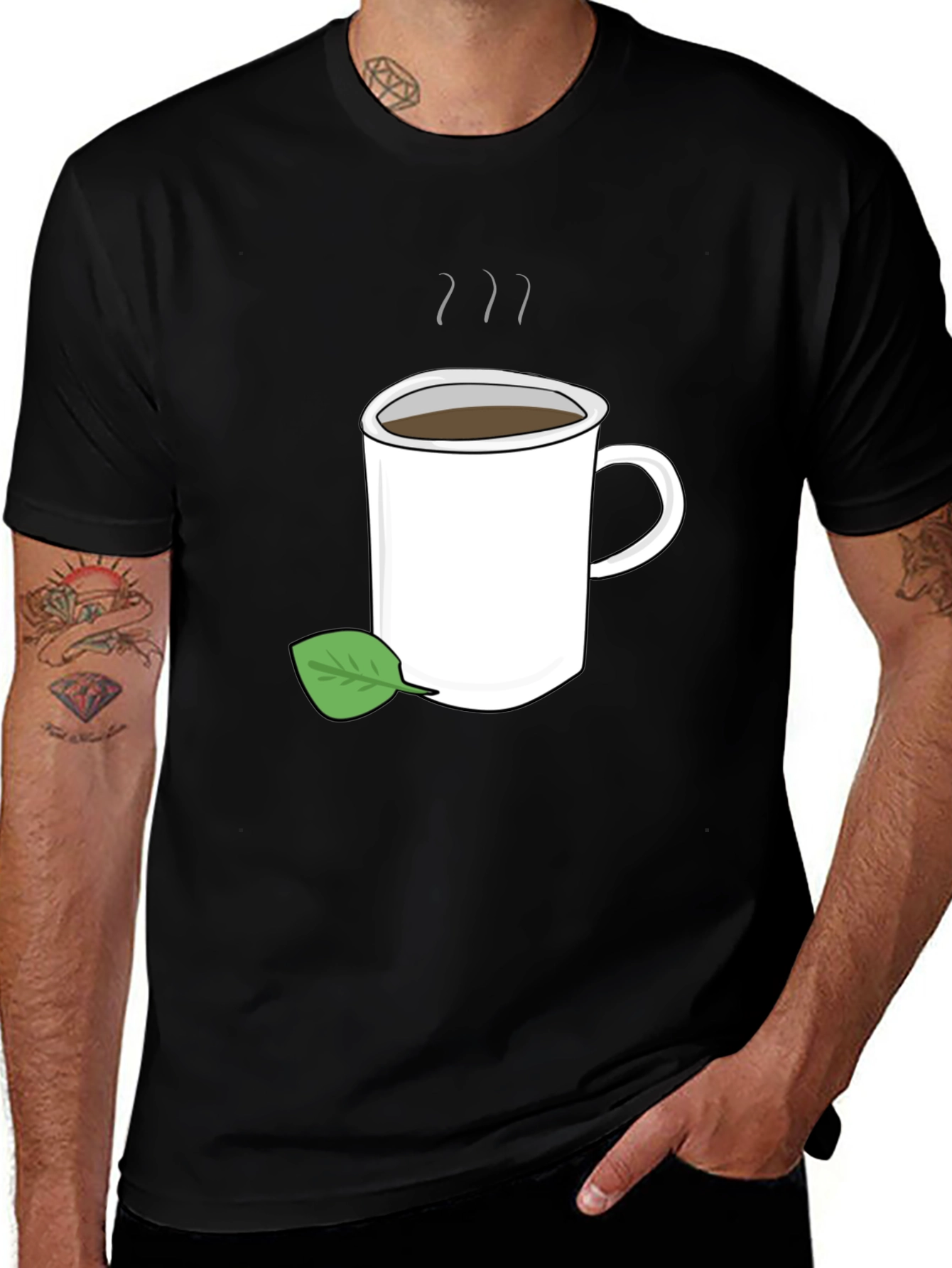 Variant 30 of Tea Time T-Shirt - Coffee Cup & Green Leaf Design