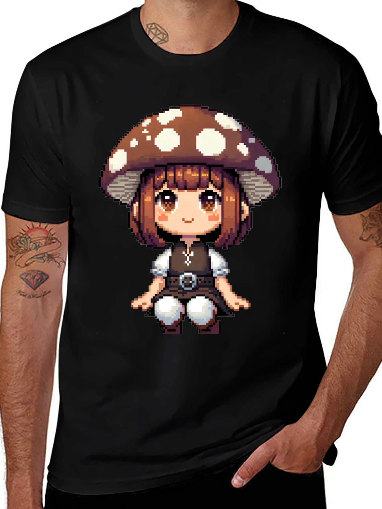 Variant 15 of Mushroom Girl Pixel Art T-Shirt - Black Cotton Tee