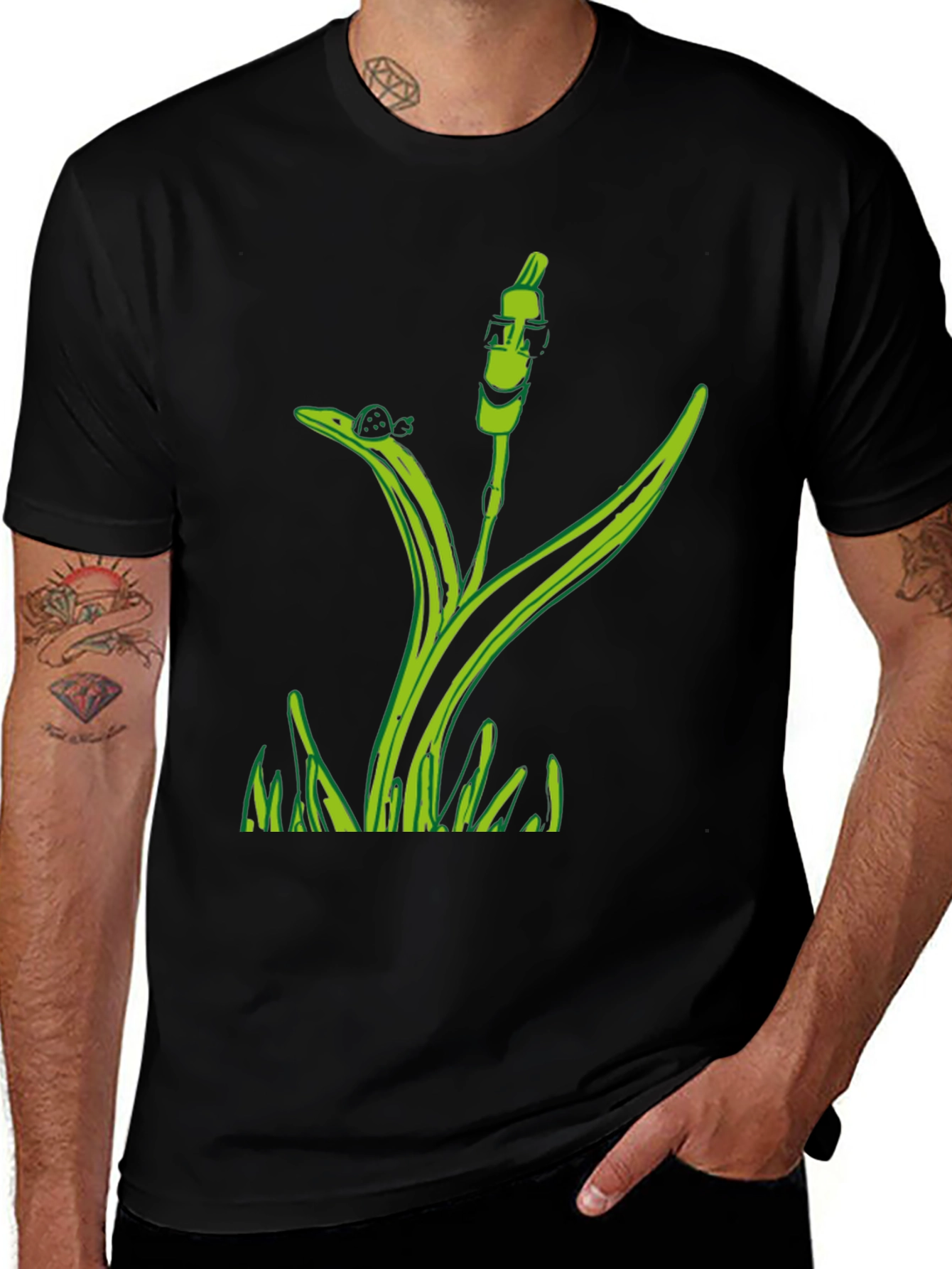 Variant 18 of Unique Green Plant Graphic Tee - Black Cotton Blend