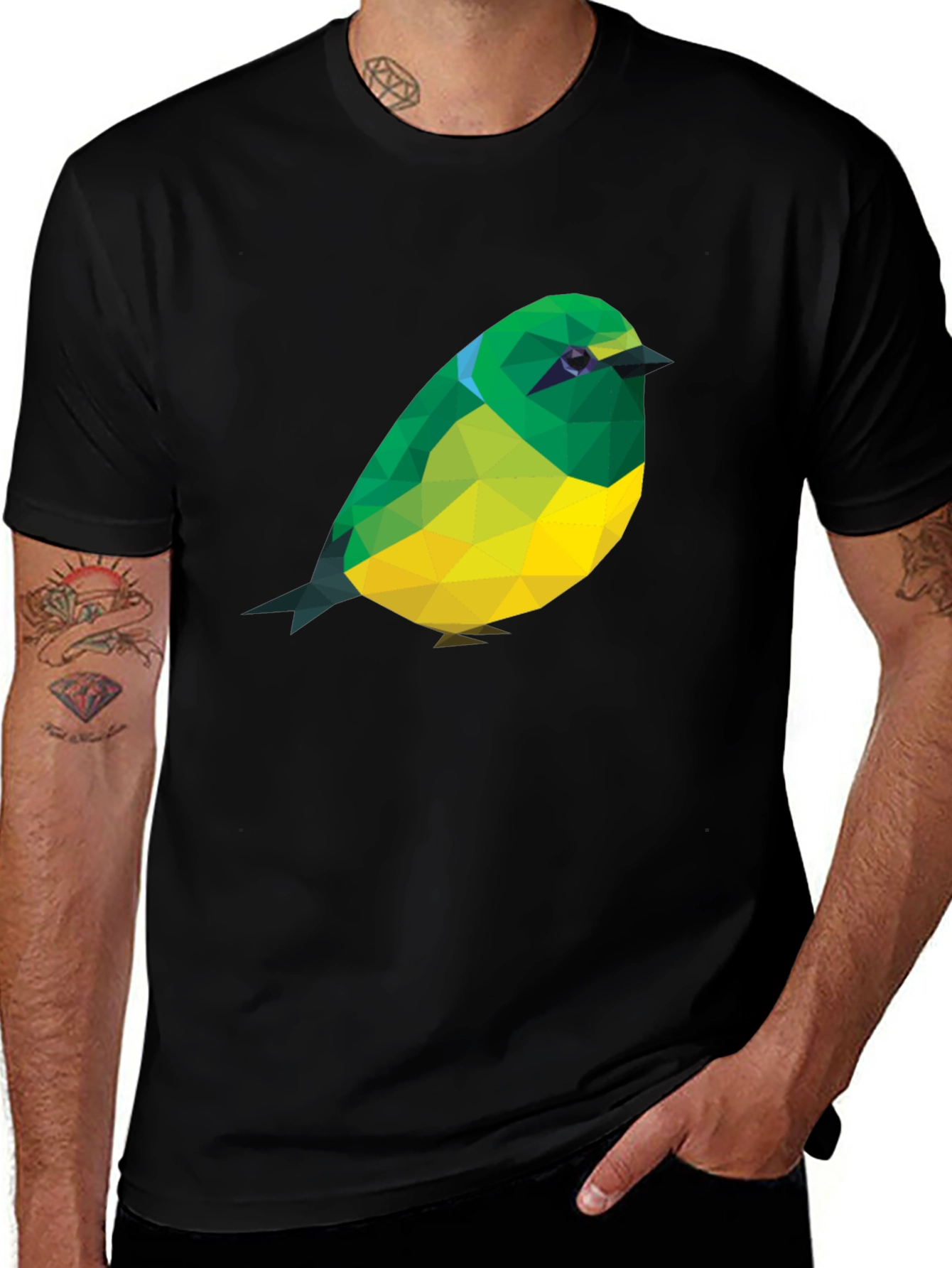 Variant 10 of Geometric Bird Print Black Crew Neck T-Shirt