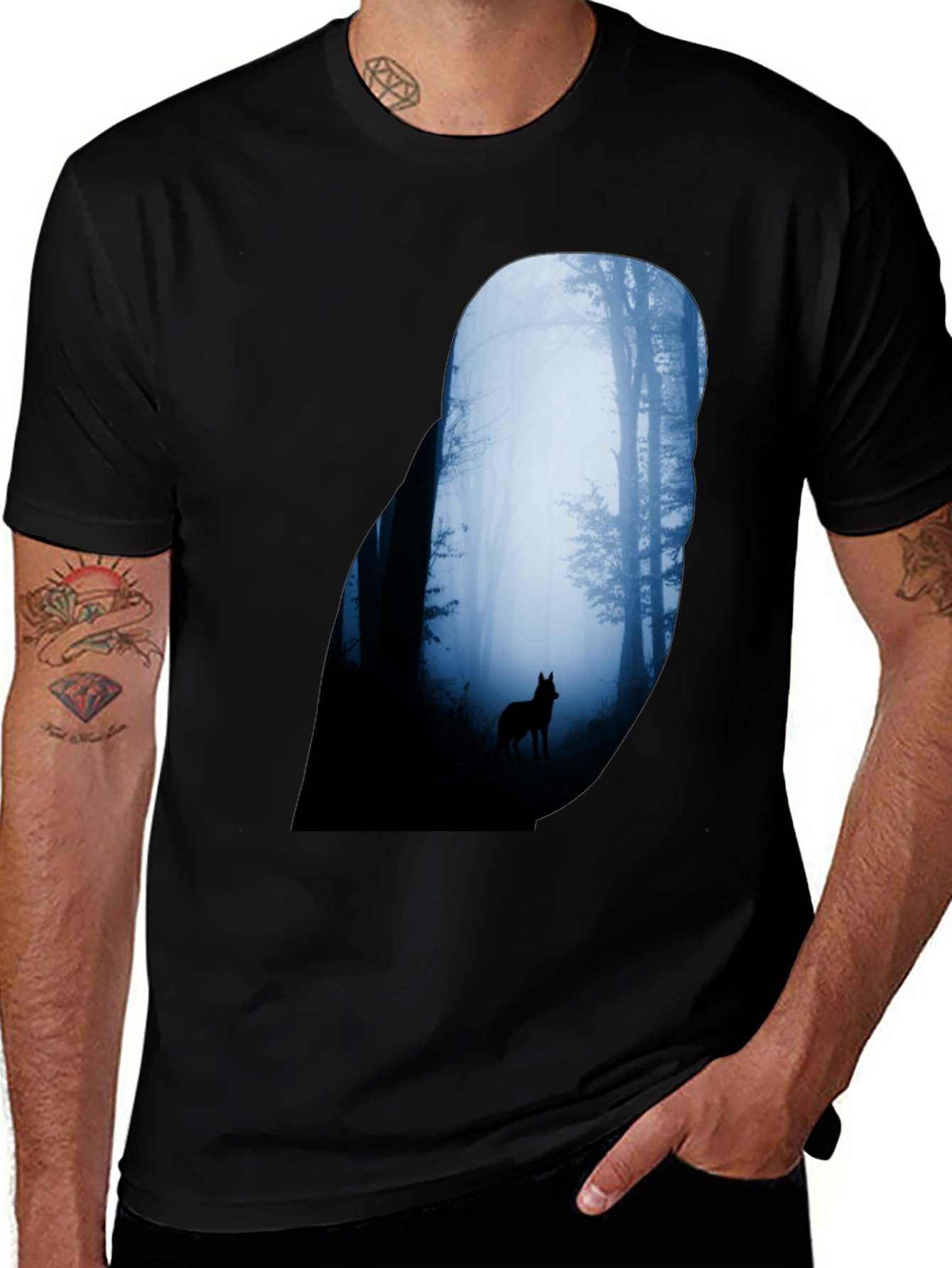 Variant 30 of Wolf Silhouette Forest Graphic Tee - Black