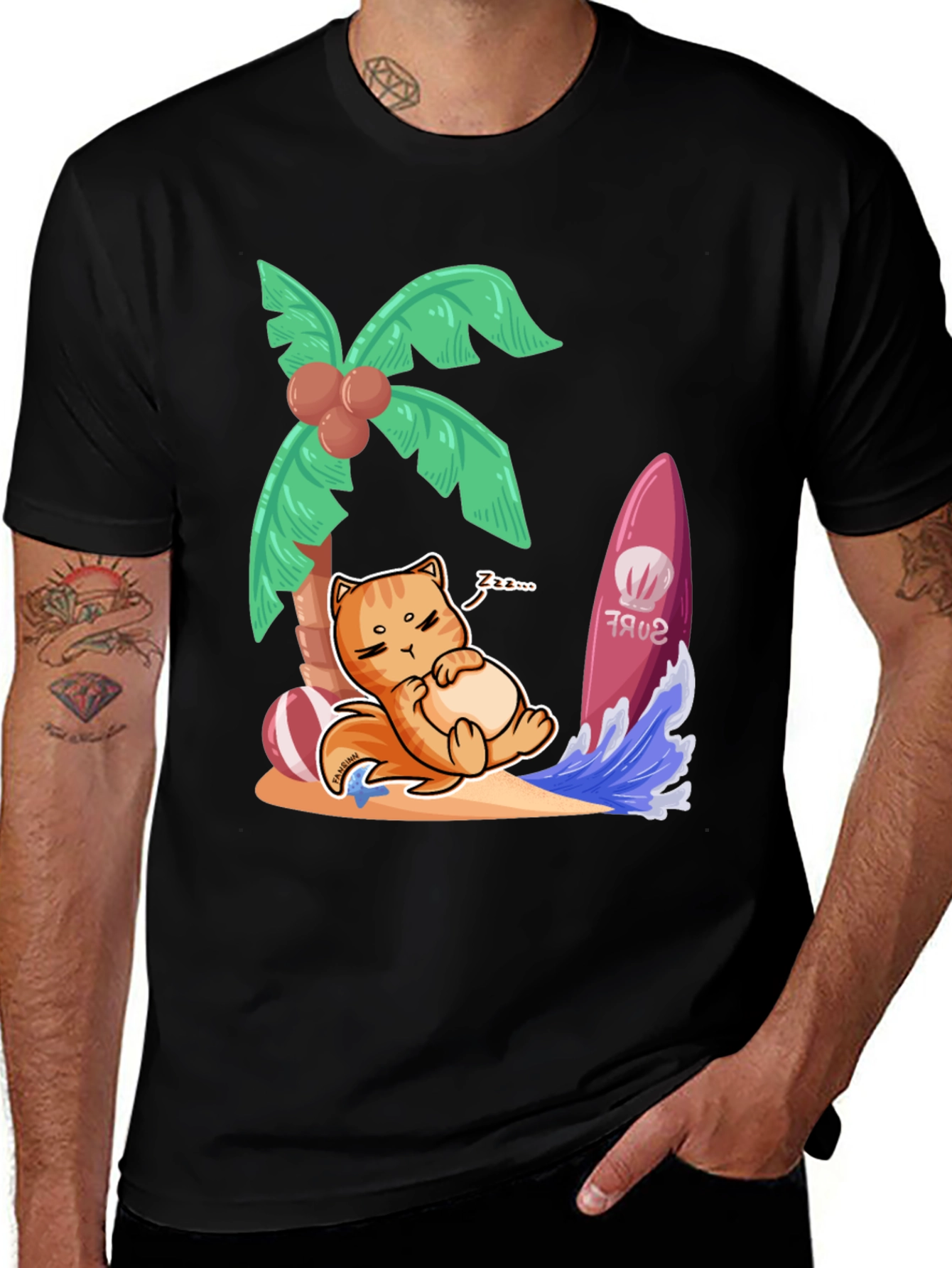Variant 11 of Chill Cat Surf T-Shirt: Beach Vibes Only!