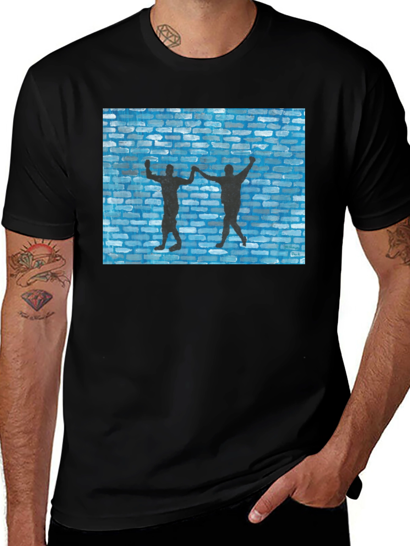 Dancing Men Graphic Tee - Blue Brick Wall Design