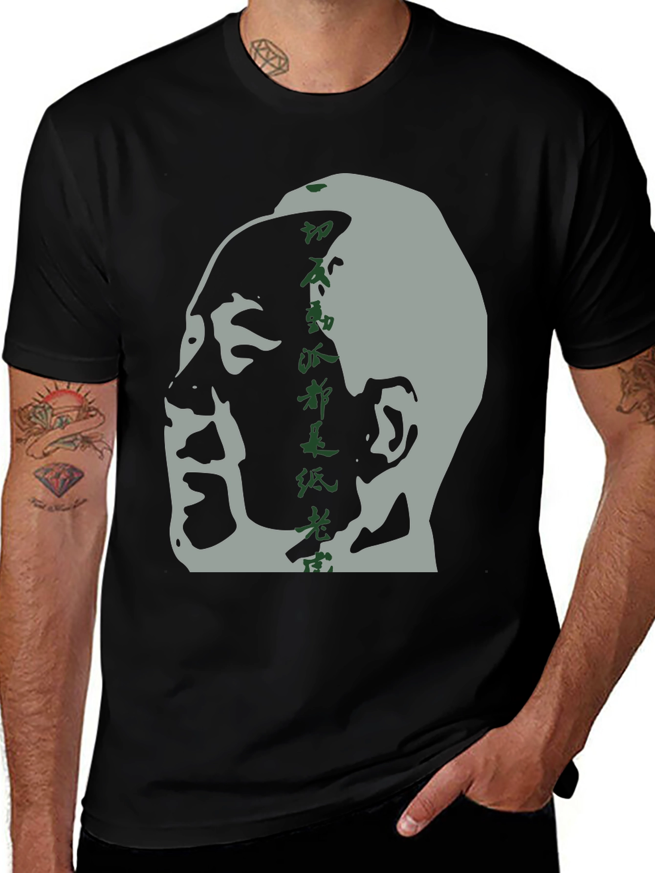 Variant 24 of Black Graphic Tee - Face and Chinese Characters