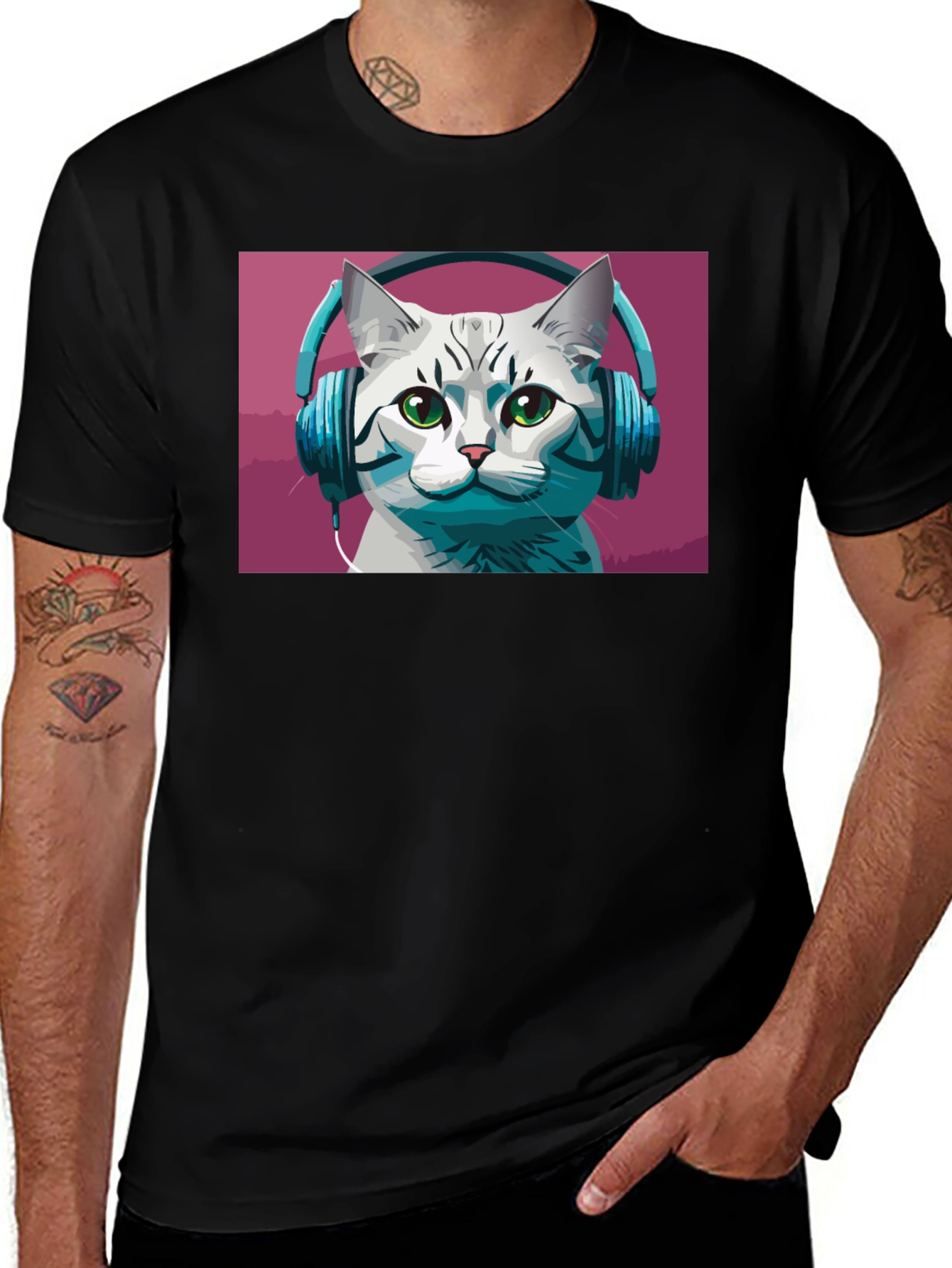 Variant 10 of Cool Cat Headphones Graphic Tee - Black