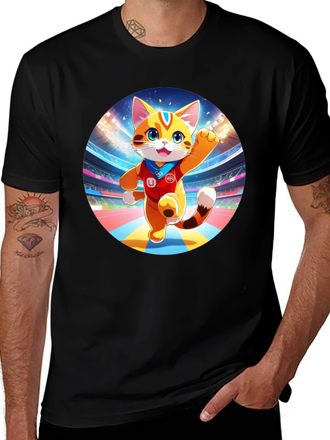 Variant 10 of Cartoon Cat in Stadium Black T-Shirt