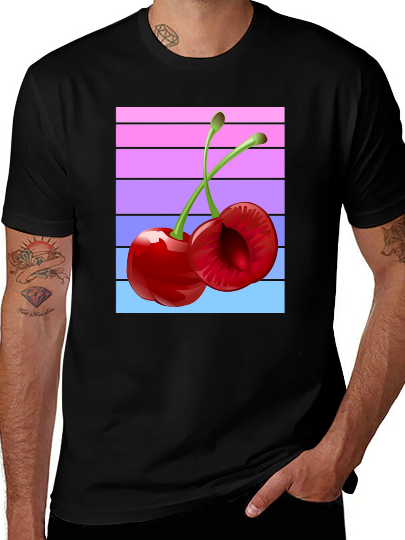 Variant 13 of Retro Cherry Striped Tee - Black Cotton Casual Shirt