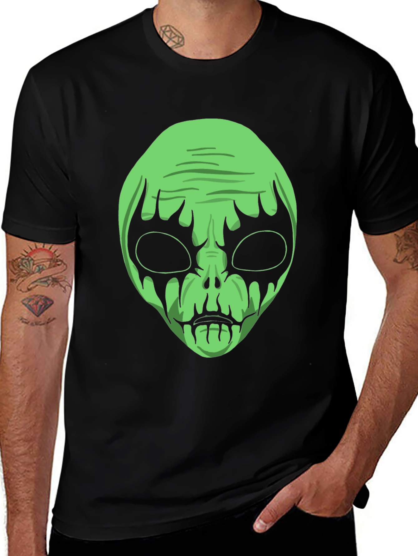 Variant 4 of Green Alien Graphic Black T-Shirt