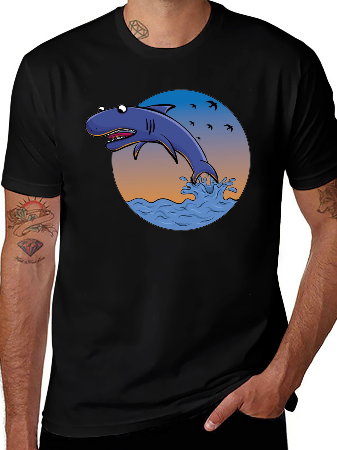 Variant 25 of Cartoon Shark Graphic Print Tee - Black Cotton