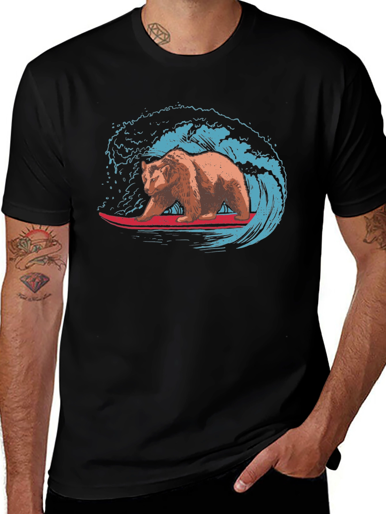 Variant 27 of Surfing Bear Graphic Tee - Black Cotton T-Shirt