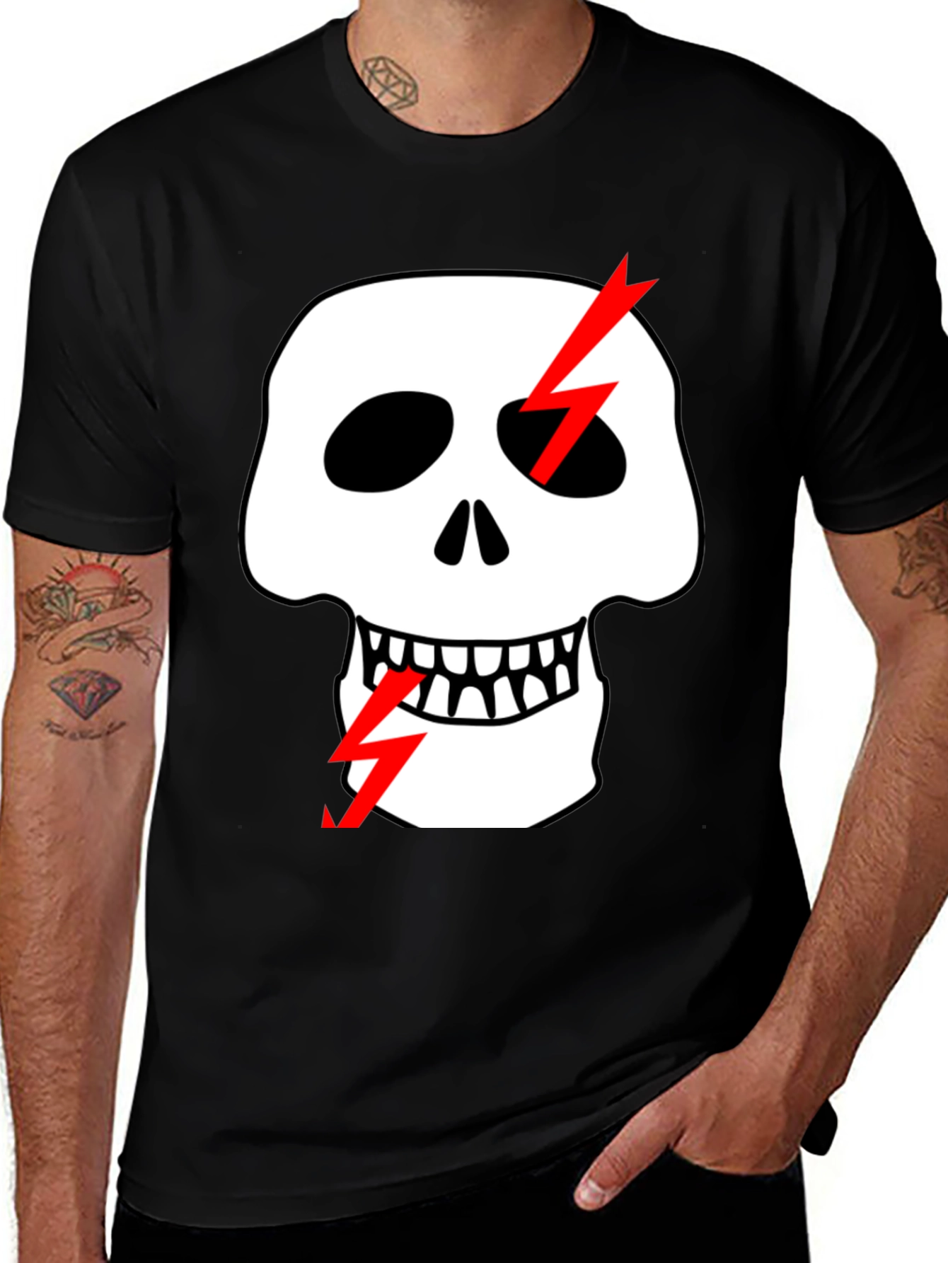 Variant 24 of Skull & Lightning Bolt Graphic Black T-Shirt