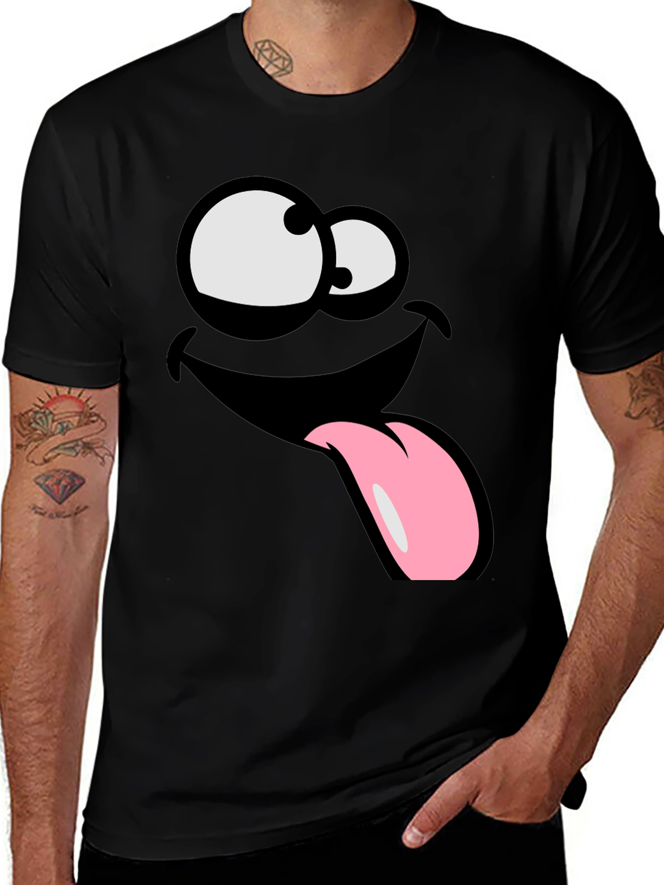 Variant 17 of Funny Face T-Shirt - Black Cotton Tee with Tongue Out Design