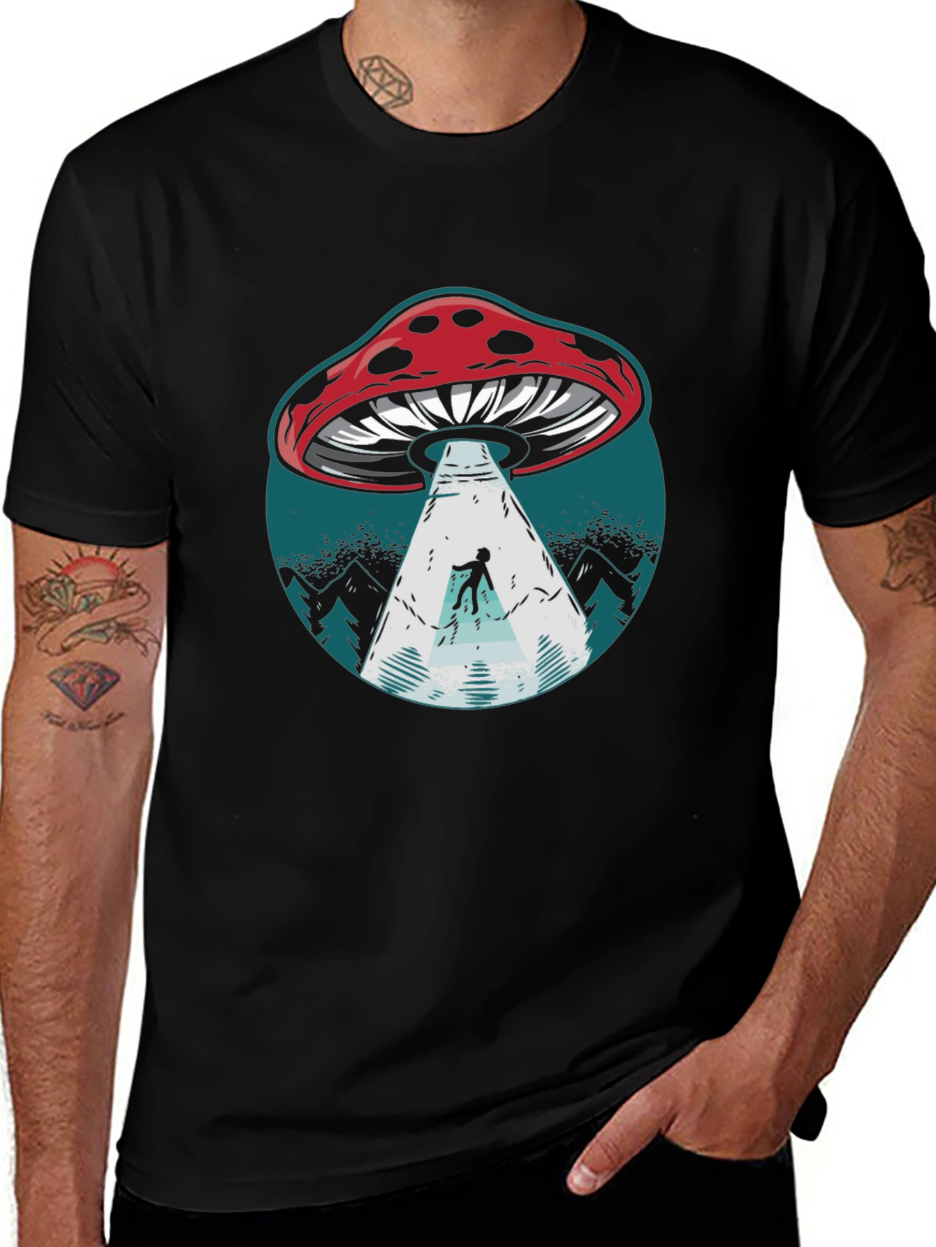 Variant 12 of Mushroom UFO Abduction Graphic Tee - Black Cotton Shirt