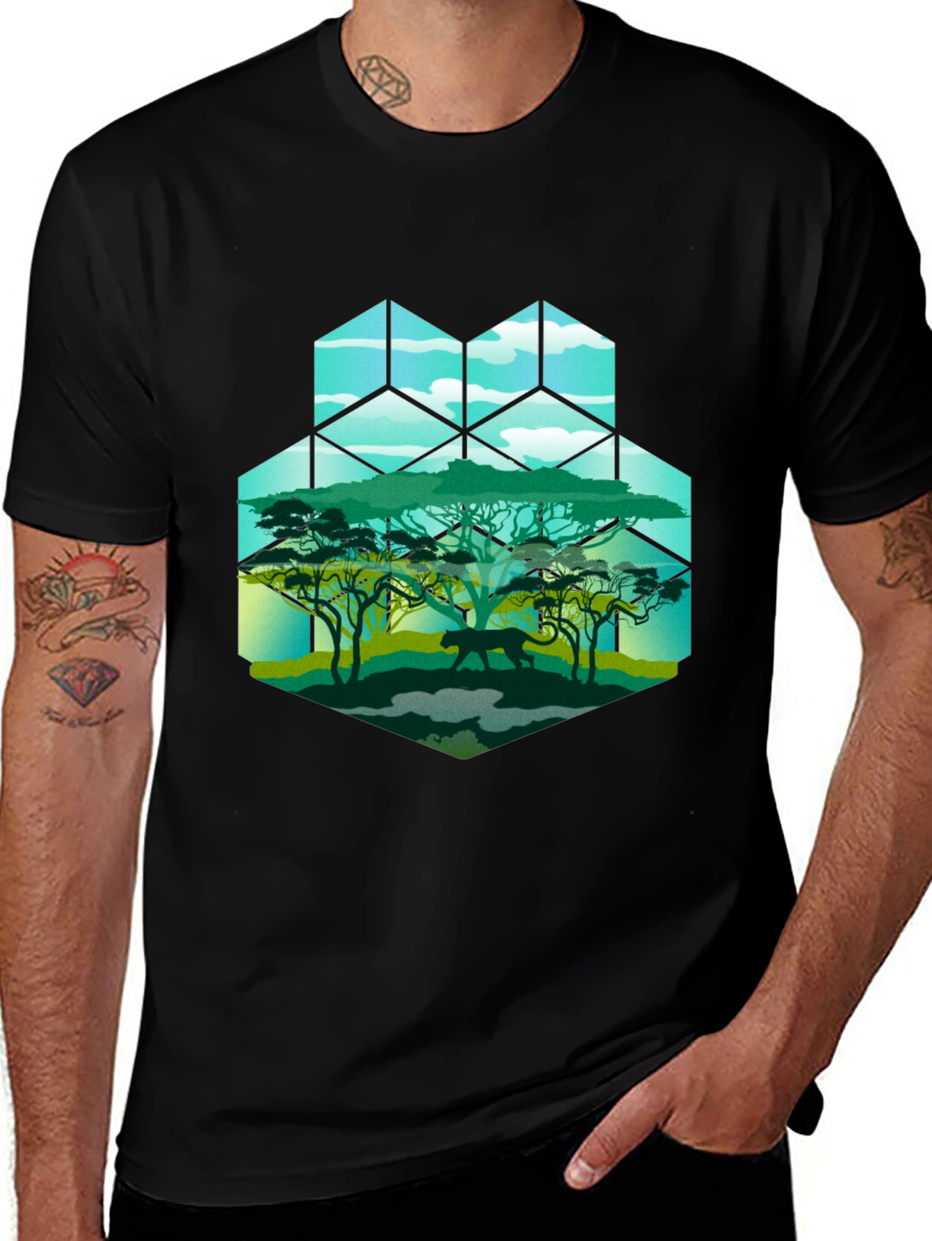 Variant 16 of Geometric Wildlife Tee: Panther in Savannah