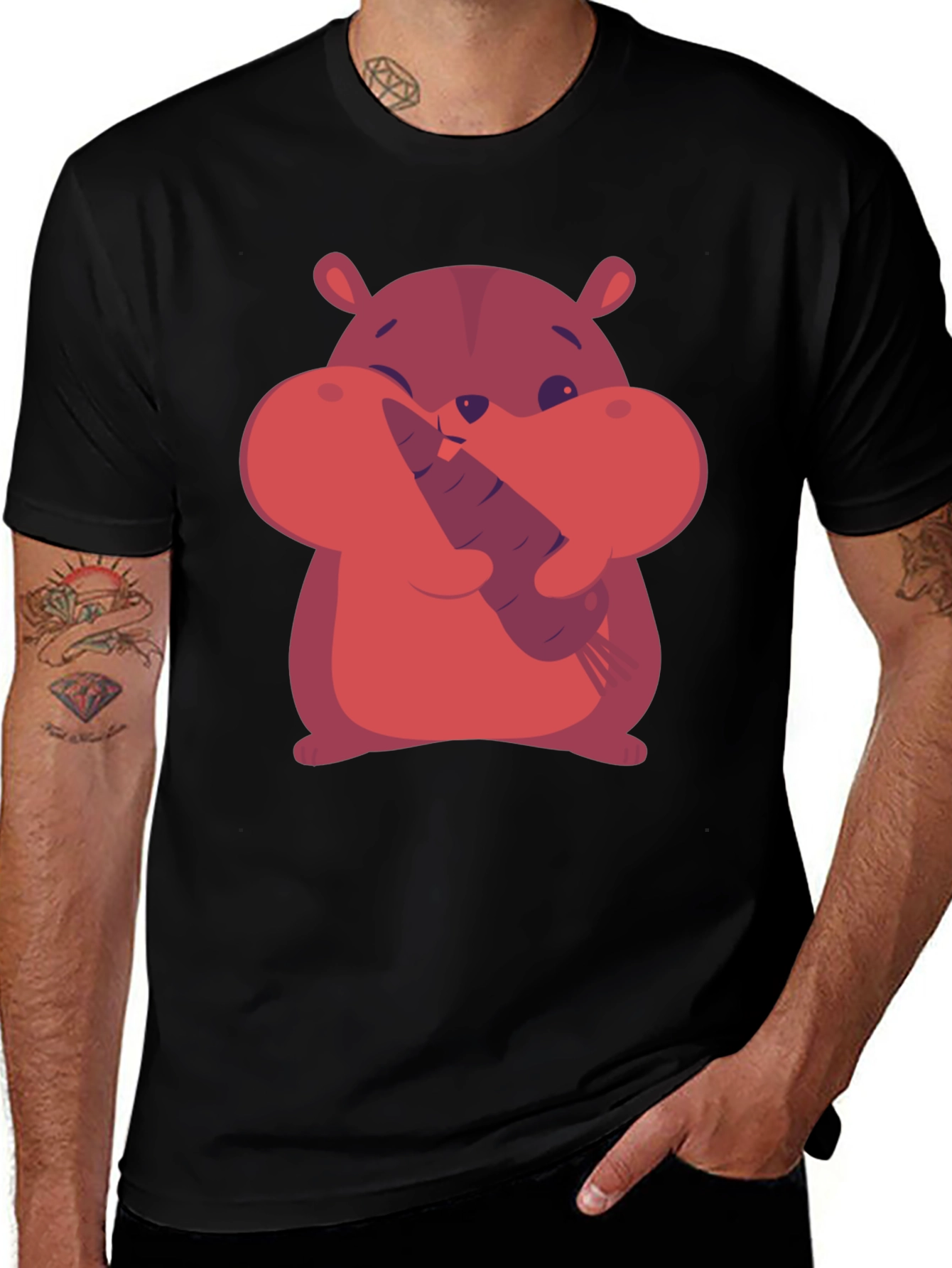Variant 27 of Cute Hamster Carrot Graphic Tee - Black Cotton Blend T-Shirt