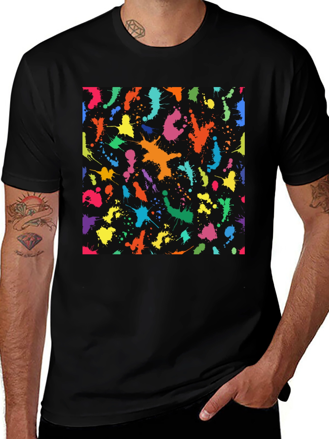Variant 18 of Colorful Splatter Print Black T-Shirt