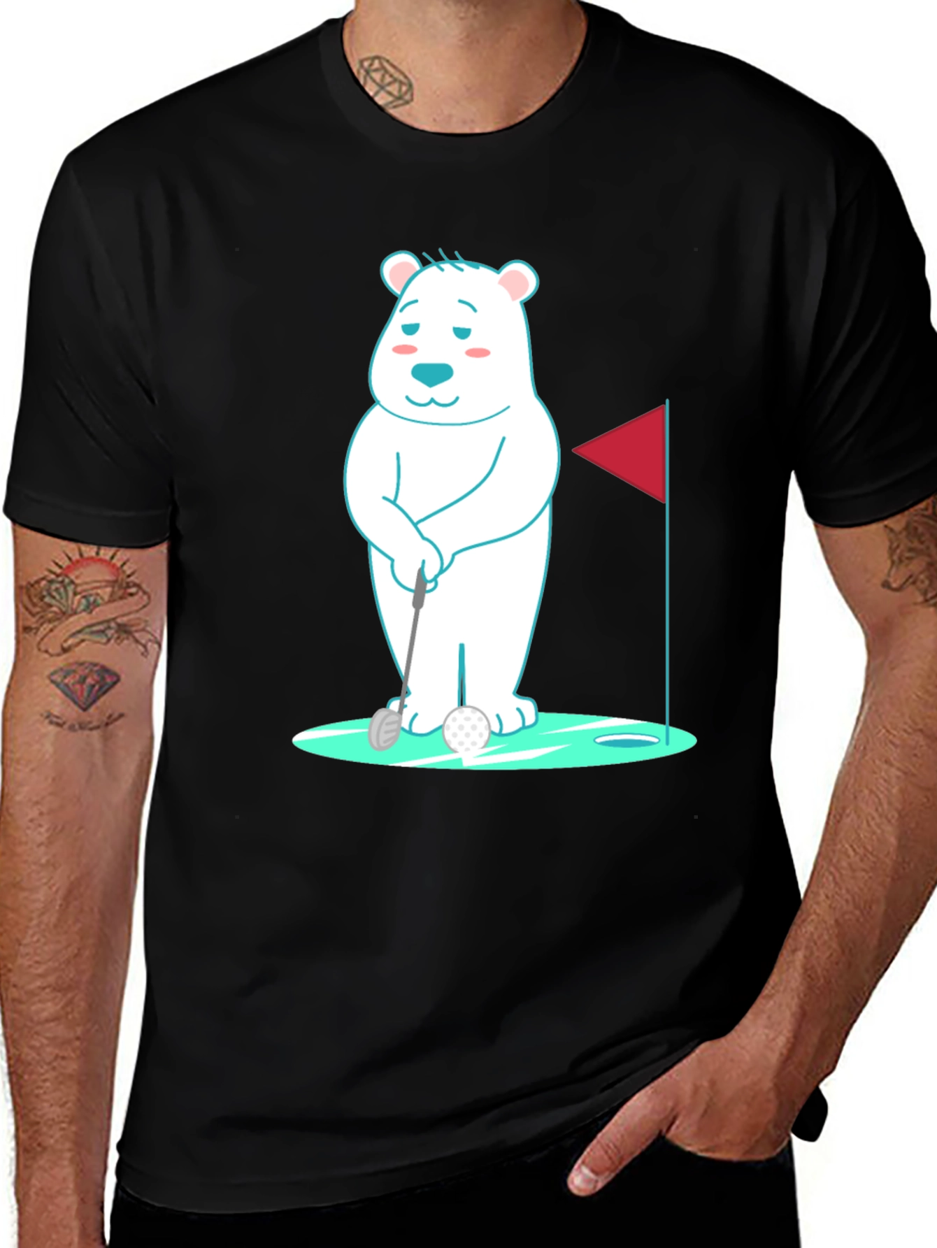 Variant 21 of Golfing Bear Graphic Tee - Black Cotton Shirt