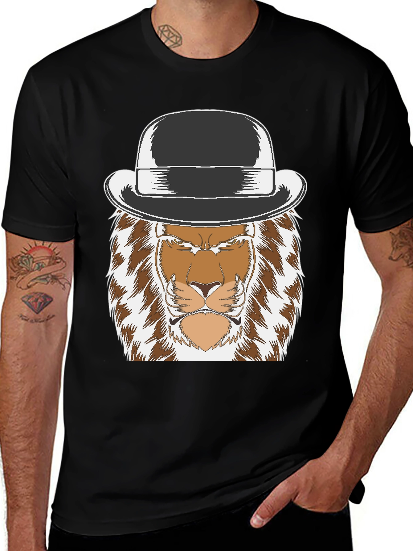 Variant 25 of Lion in Bowler Hat Graphic Tee - Stylish Men's Black T-Shirt