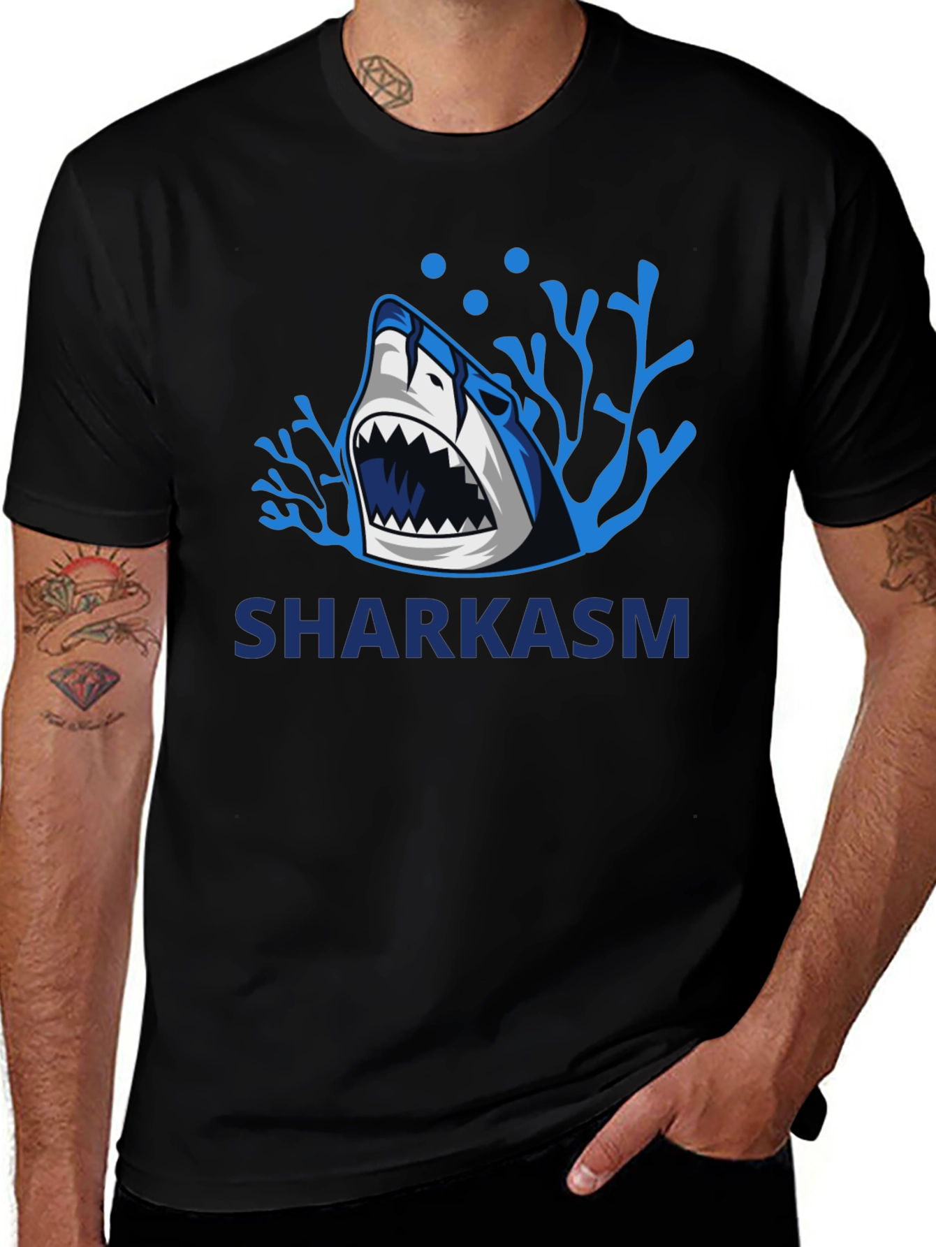 Variant 10 of Sharkasm Black Graphic Tee - Funny Shark Design