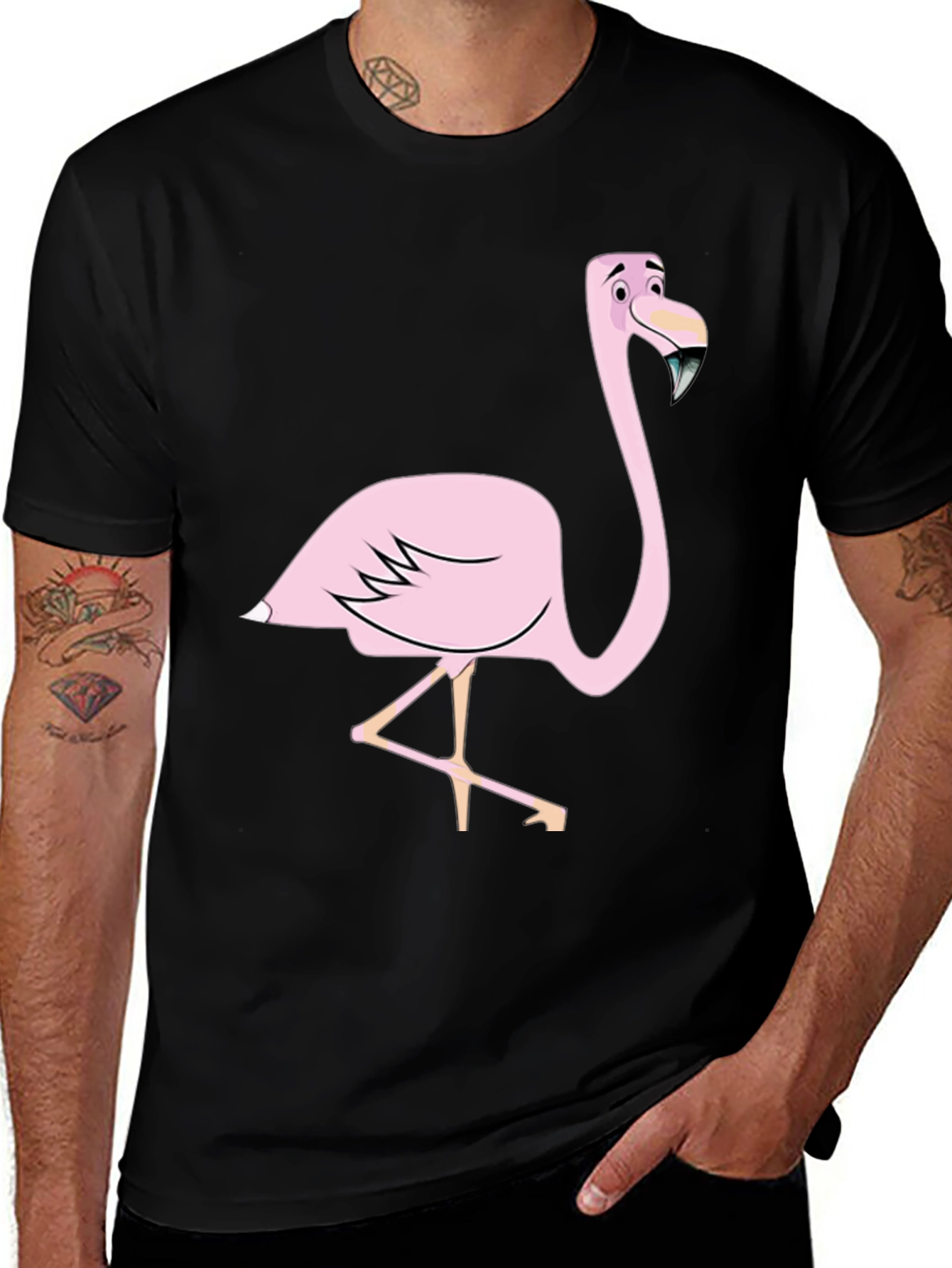 Variant 10 of Fun Flamingo Graphic Tee - Black Cotton Blend Shirt