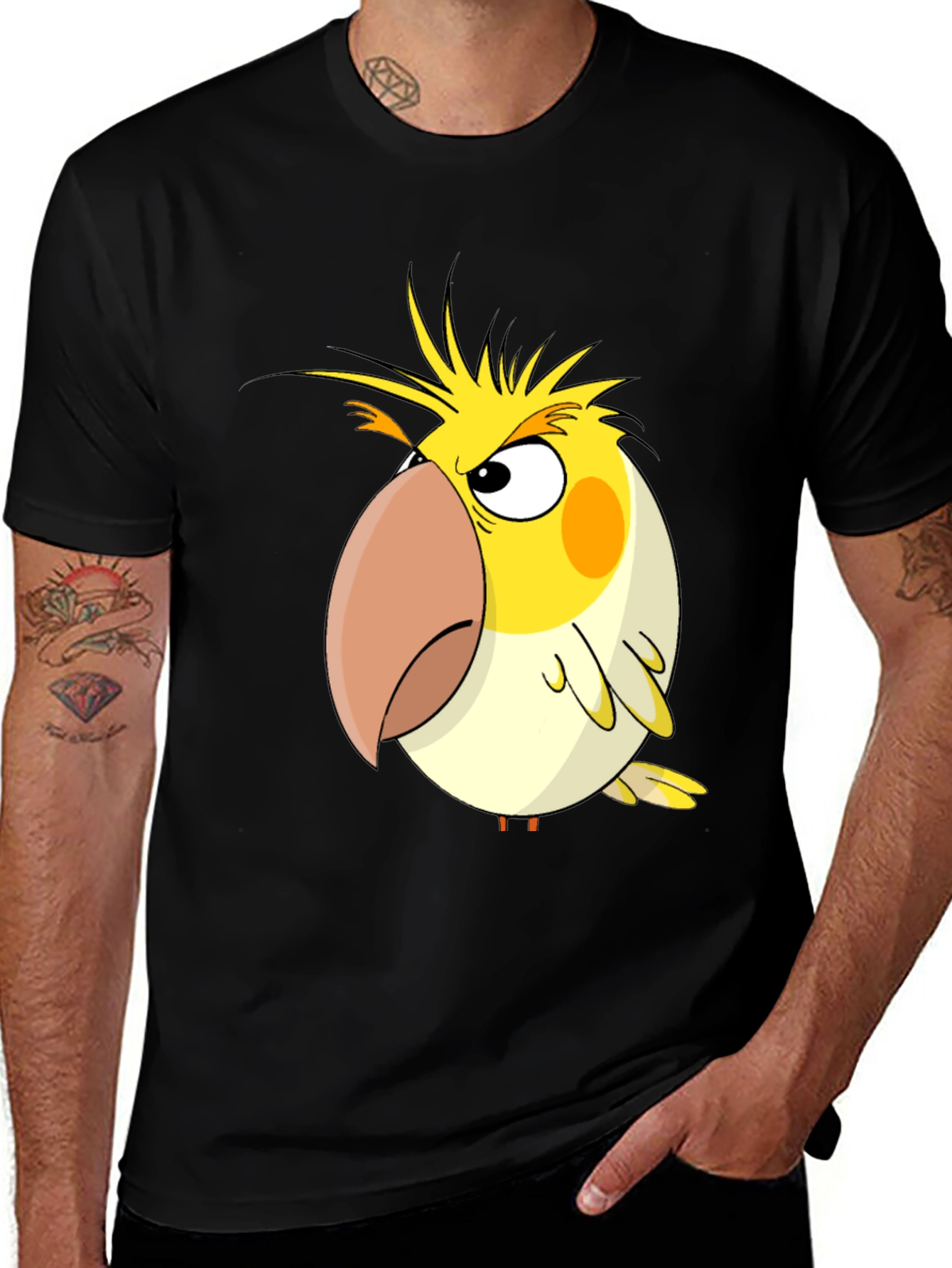 Variant 27 of Funny Cockatiel Cartoon T-Shirt - Black Cotton Tee