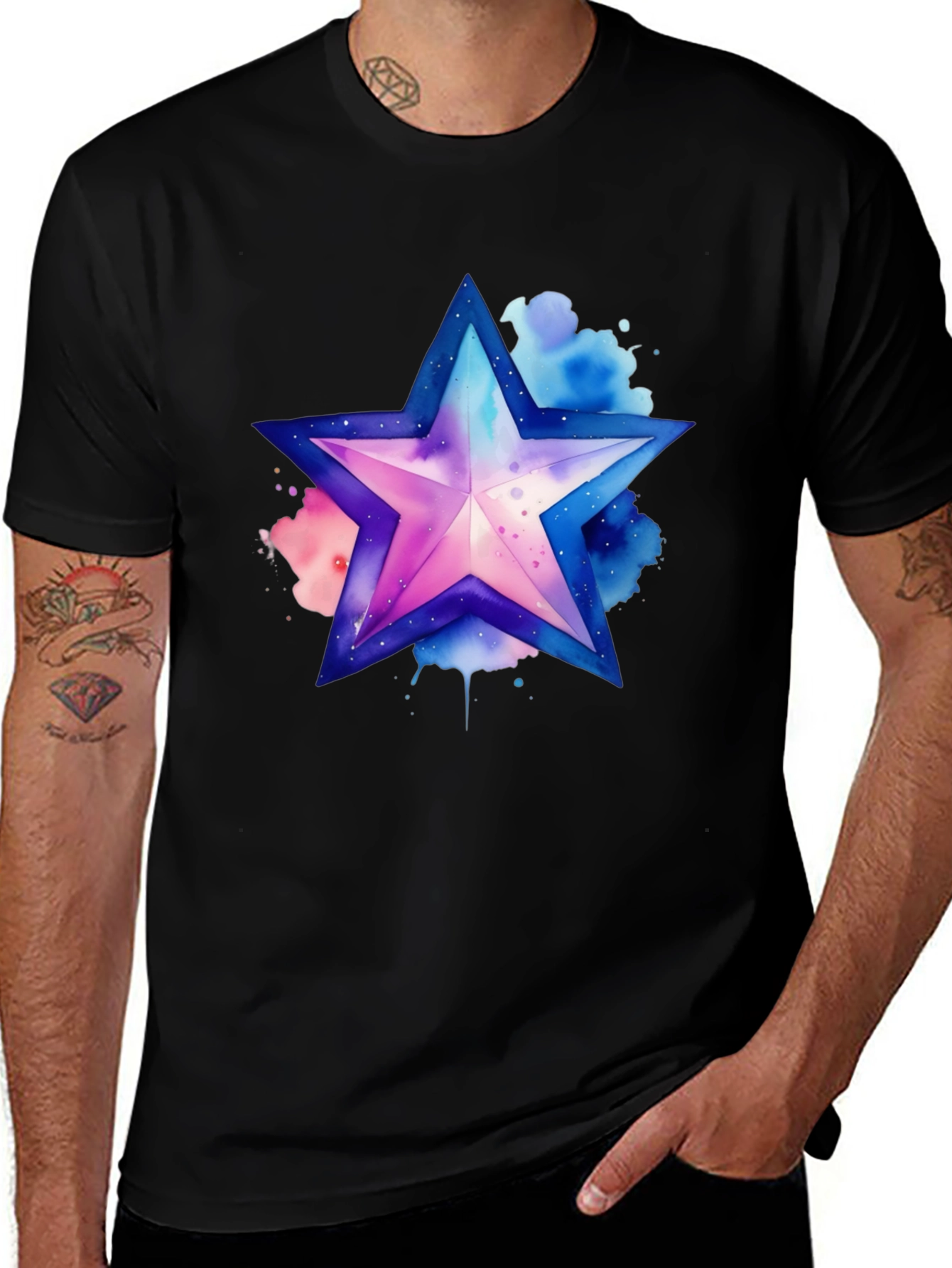 Variant 24 of Watercolor Star Graphic Tee - Stylish Men's Black T-Shirt