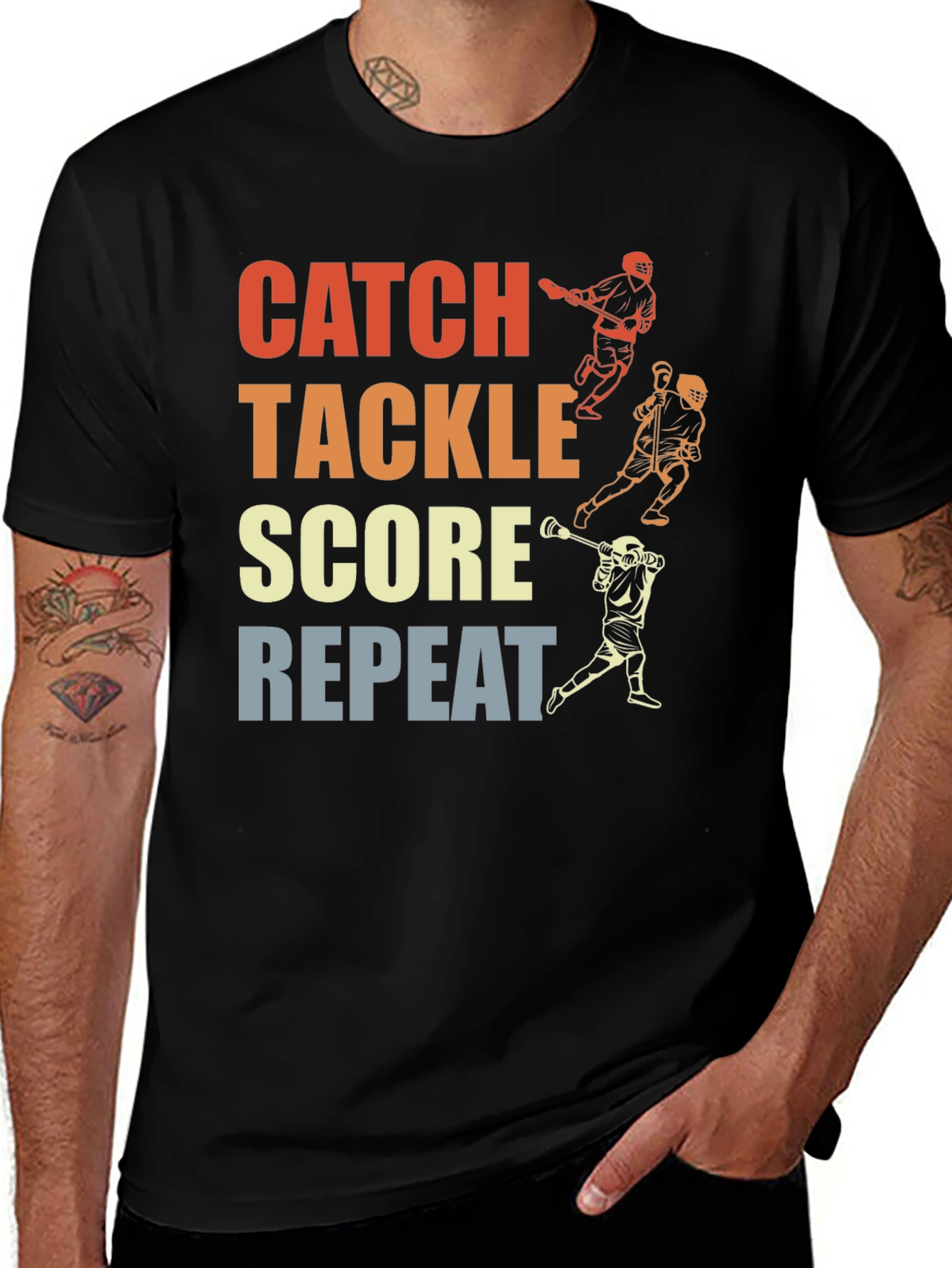 Variant 7 of Lacrosse Catch Tackle Score Repeat Graphic Tee