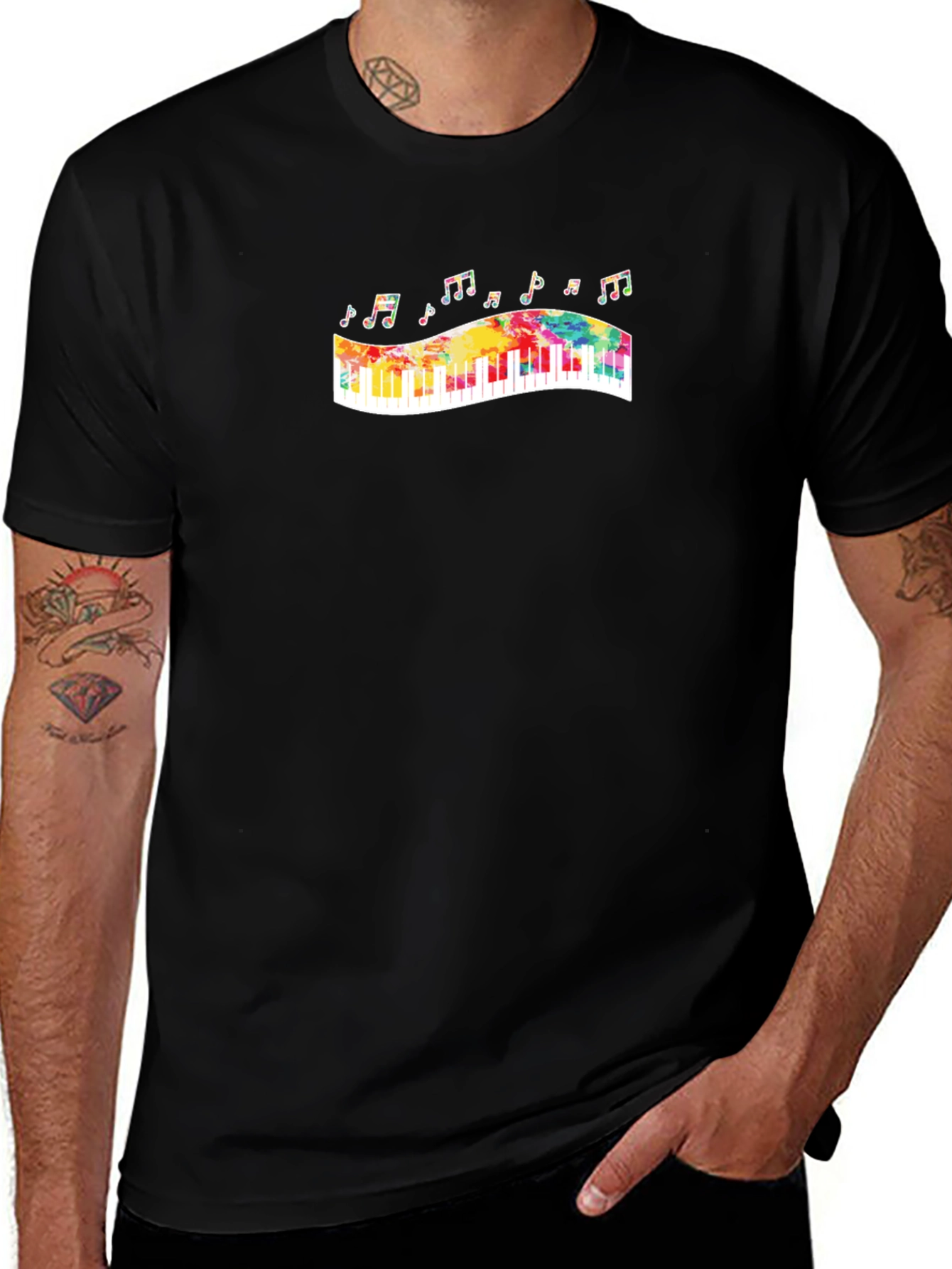 Variant 6 of Colorful Keyboard Musical Notes Graphic Tee