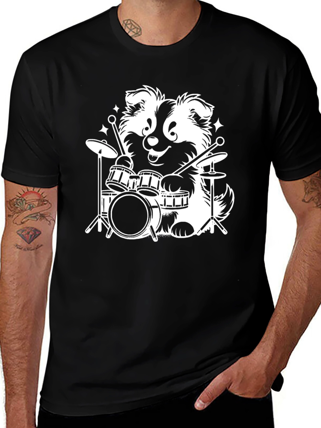 Variant 29 of Dog Drummer Graphic Tee - Black Cotton T-Shirt