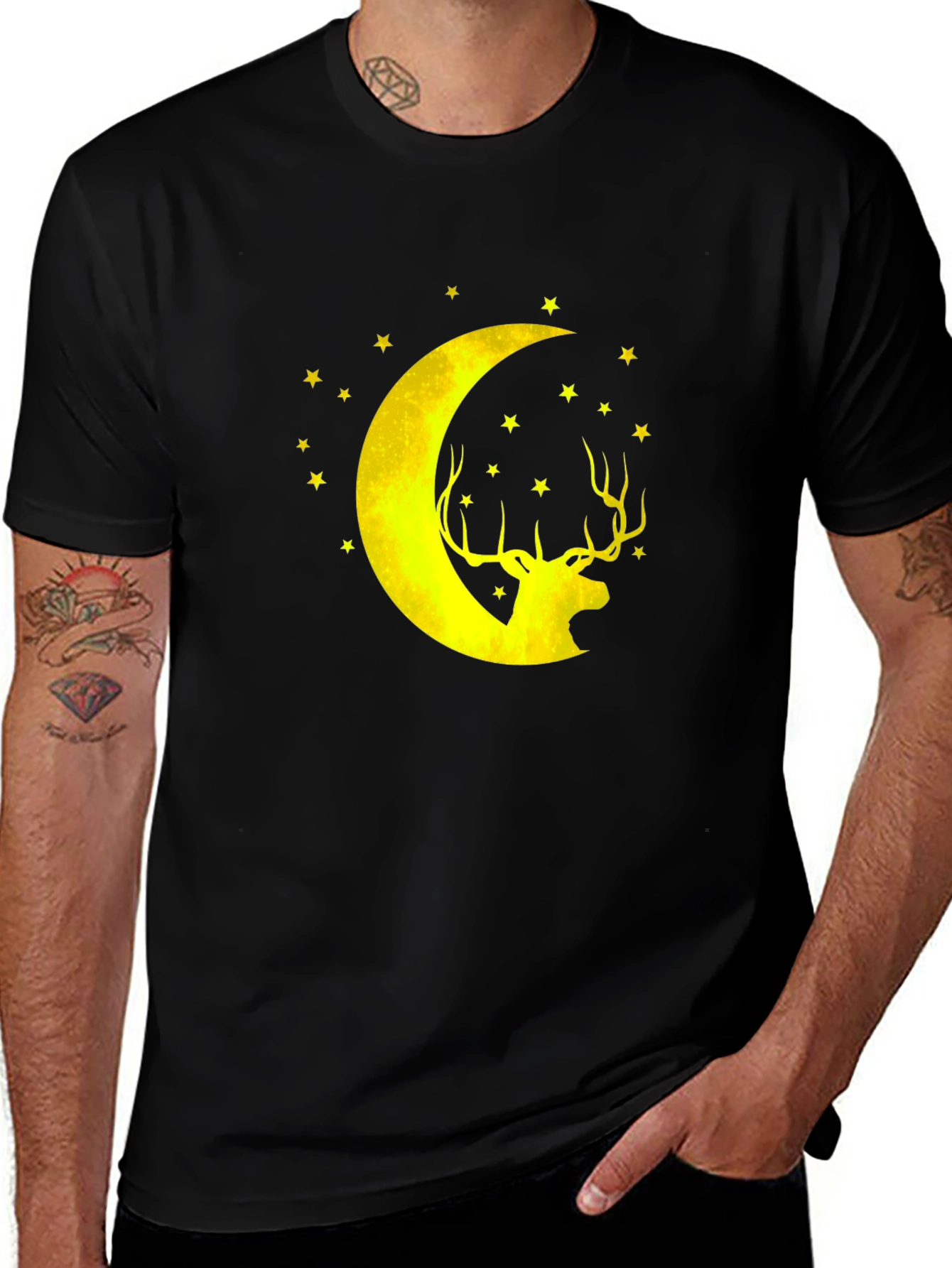 Variant 14 of Moonlit Deer Graphic Tee - Black Cotton Blend