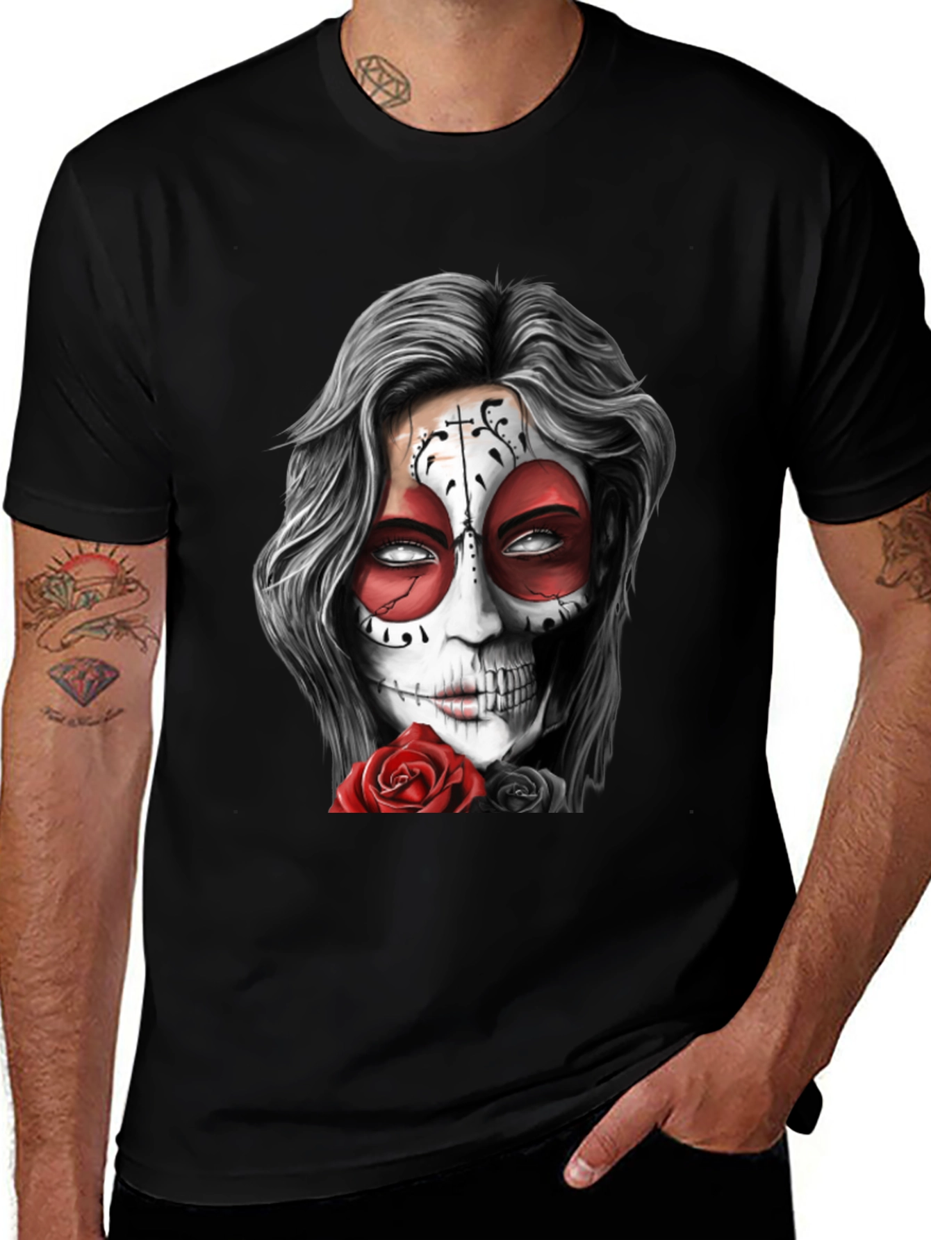Variant 19 of Sugar Skull Rose Graphic Tee - Men's Black T-Shirt