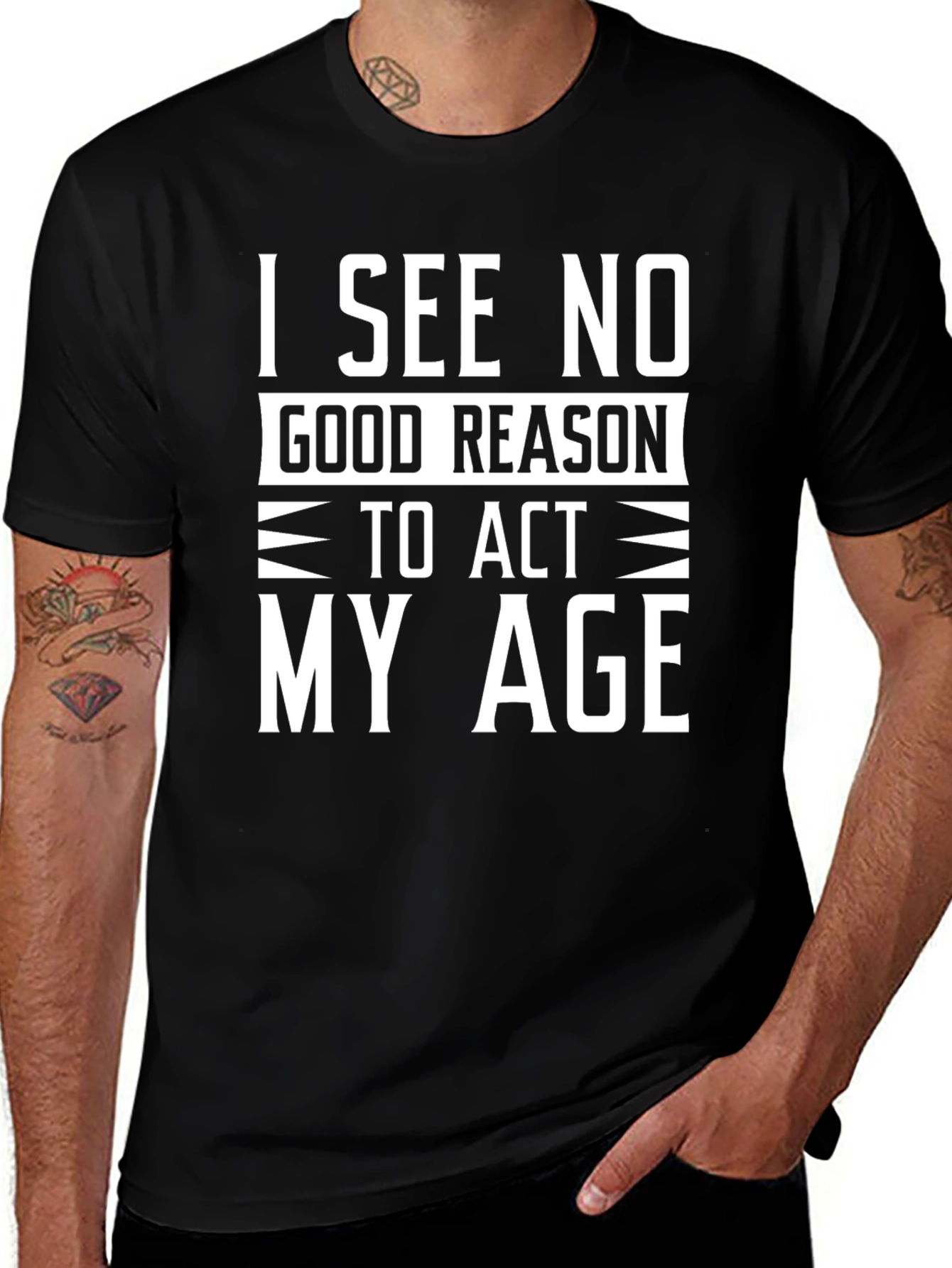 Black Funny "I See No Good Reason To Act My Age" Black T-Shirt main image