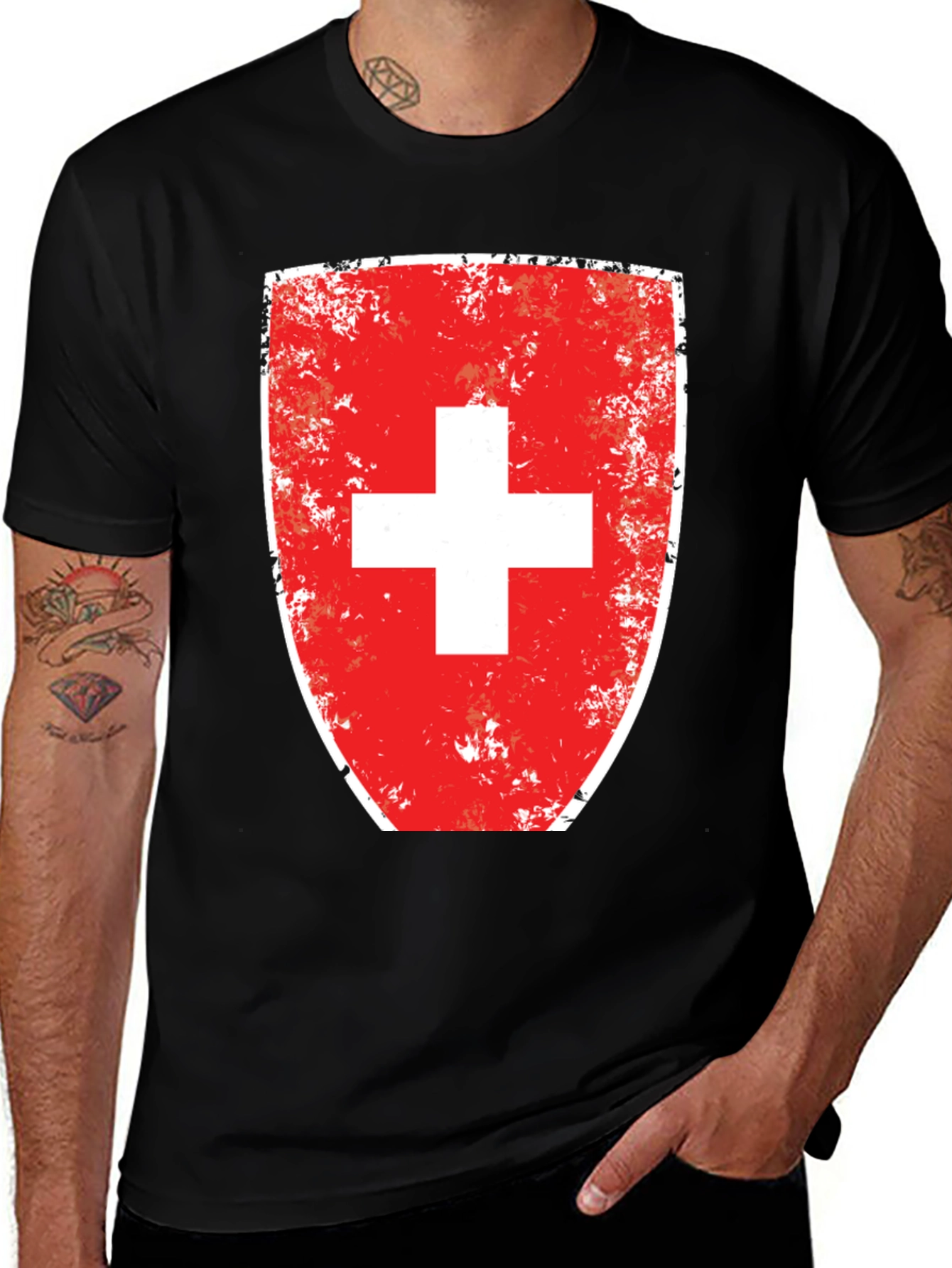 Distressed Swiss Flag Shield Graphic T-Shirt