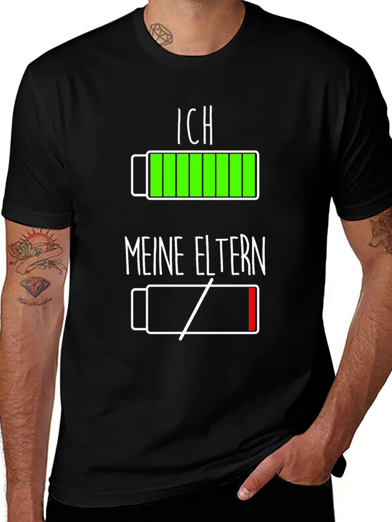 Variant 9 of Funny Low Battery T-Shirt - Ich Meine Eltern Black Cotton Tee