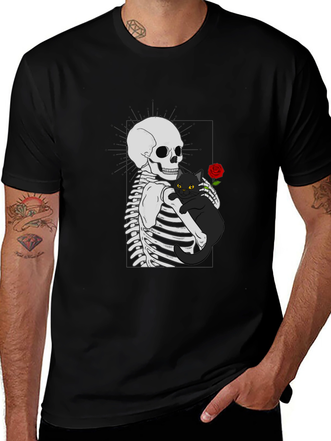 Variant 4 of Skeleton & Cat Graphic T-Shirt - Gothic Style
