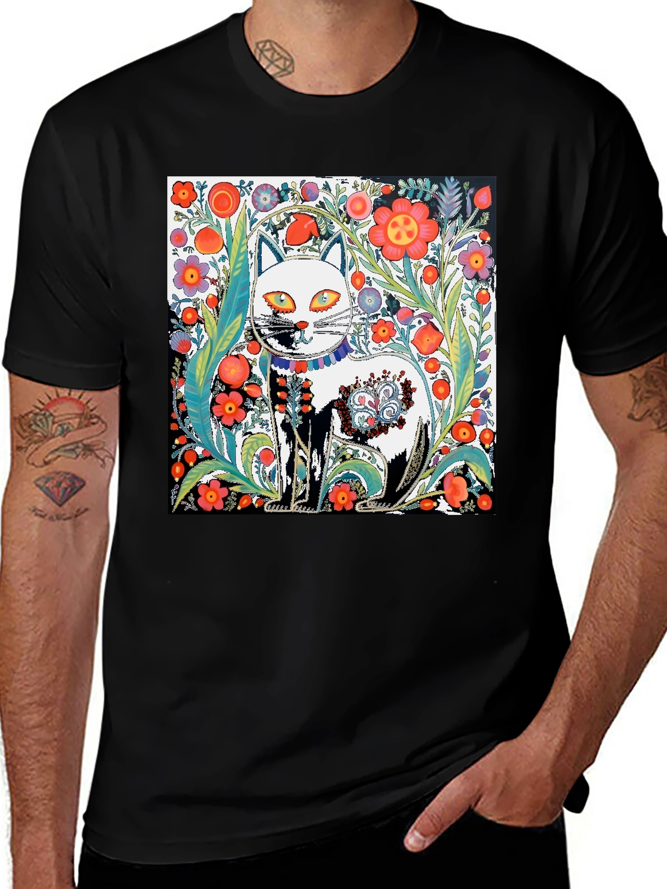 Variant 9 of Floral Cat Graphic Tee - Unique Artistic Design