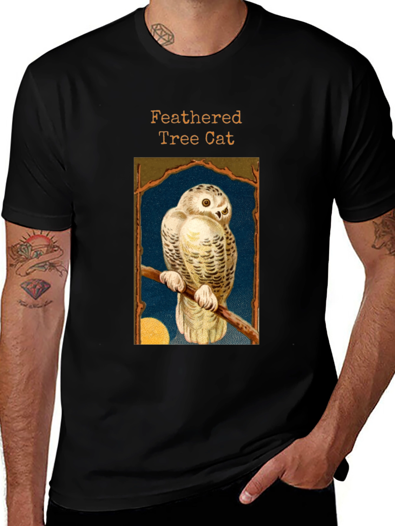 Variant 23 of Feathered Tree Cat T-Shirt - Unique Owl Design
