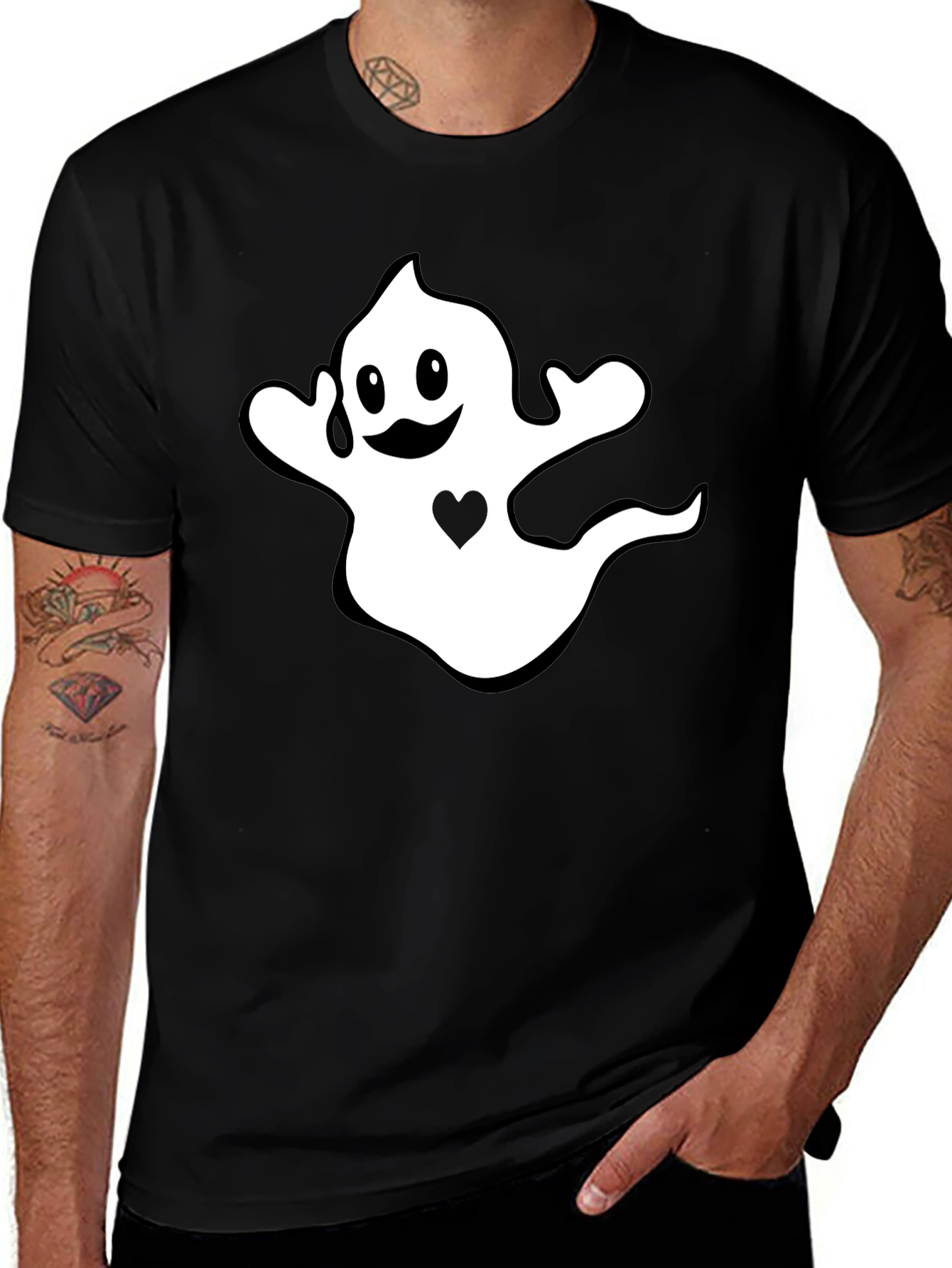 Halloween Ghost Heart Graphic Black T-Shirt