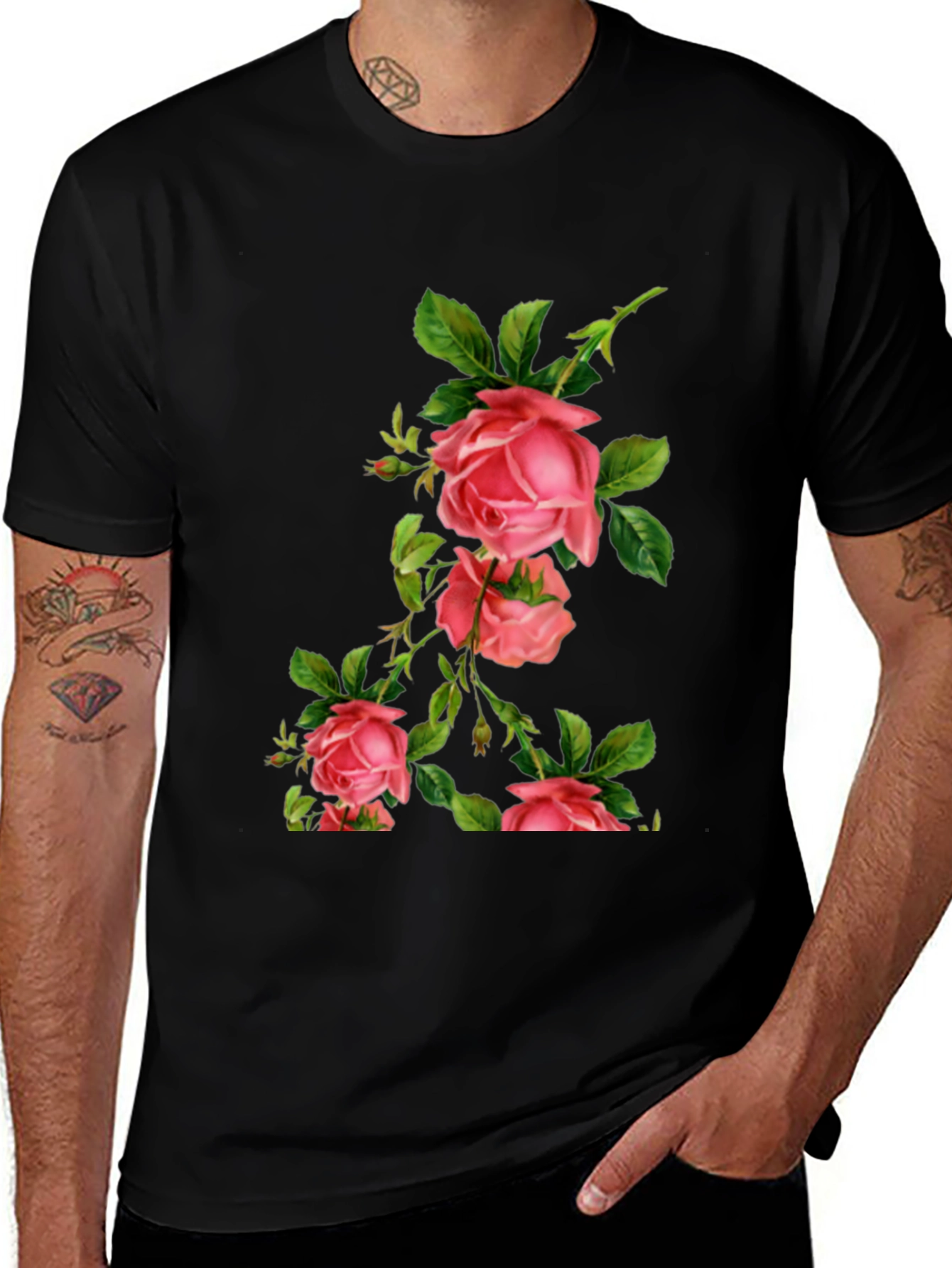 Variant 12 of Floral Rose Print Black T-Shirt