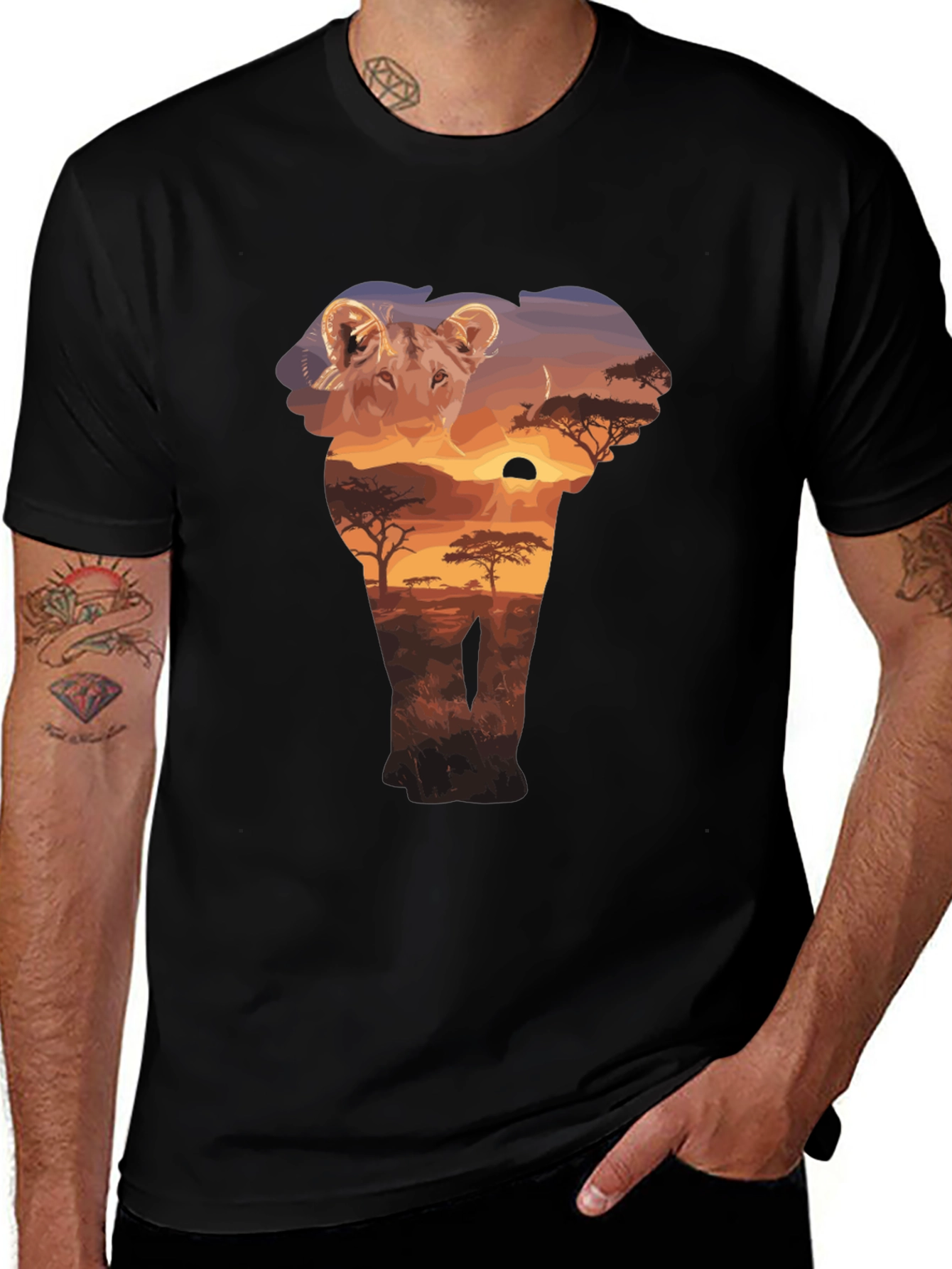 Lion & Elephant Sunset Graphic T-Shirt
