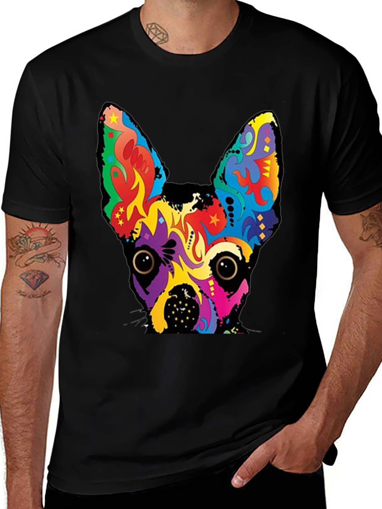 Variant 10 of Psychedelic Dog Graphic Tee - Bold Black Cotton T-Shirt