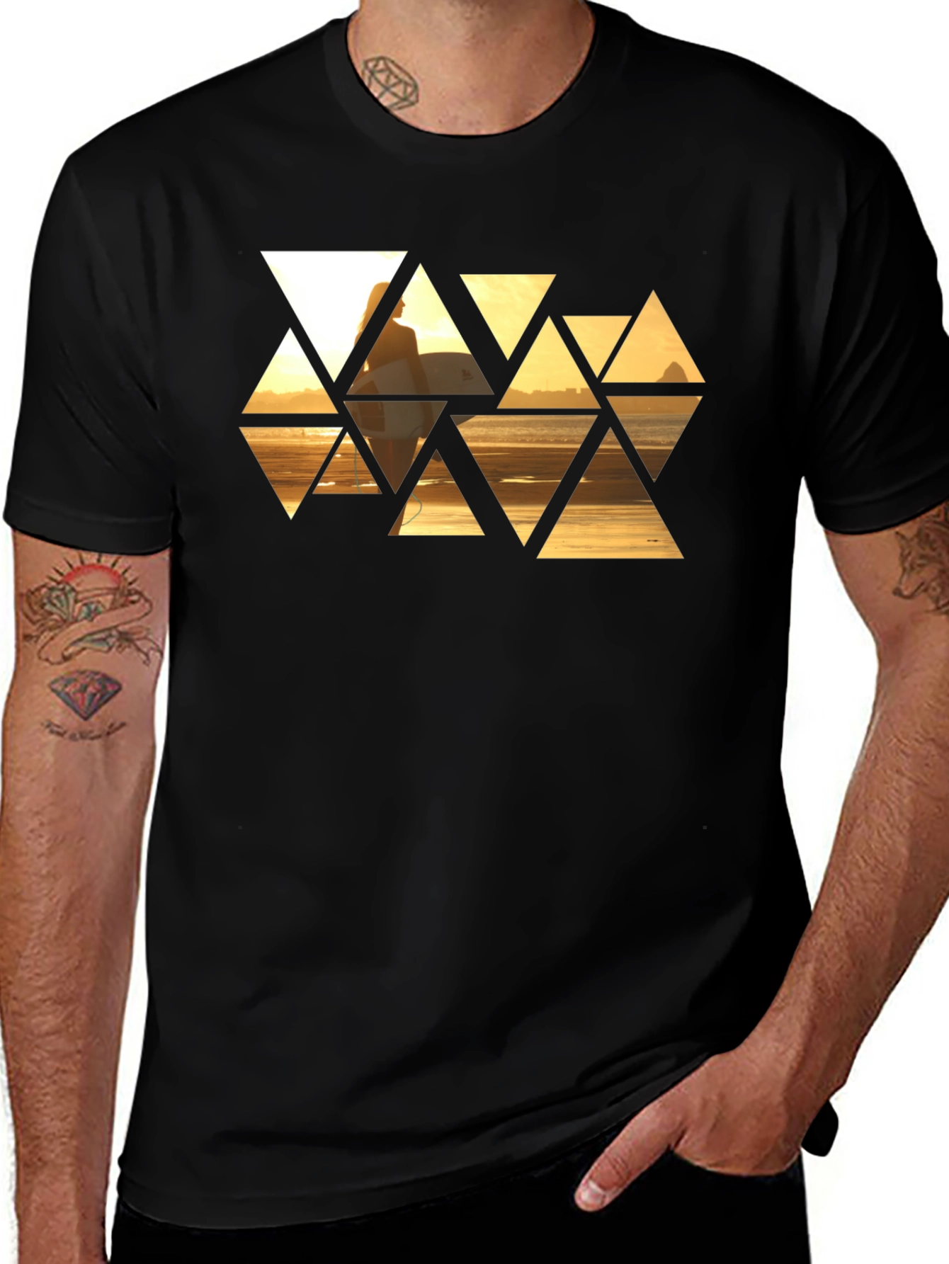 Sunset Triangles Graphic T-Shirt - Stylish Black Tee