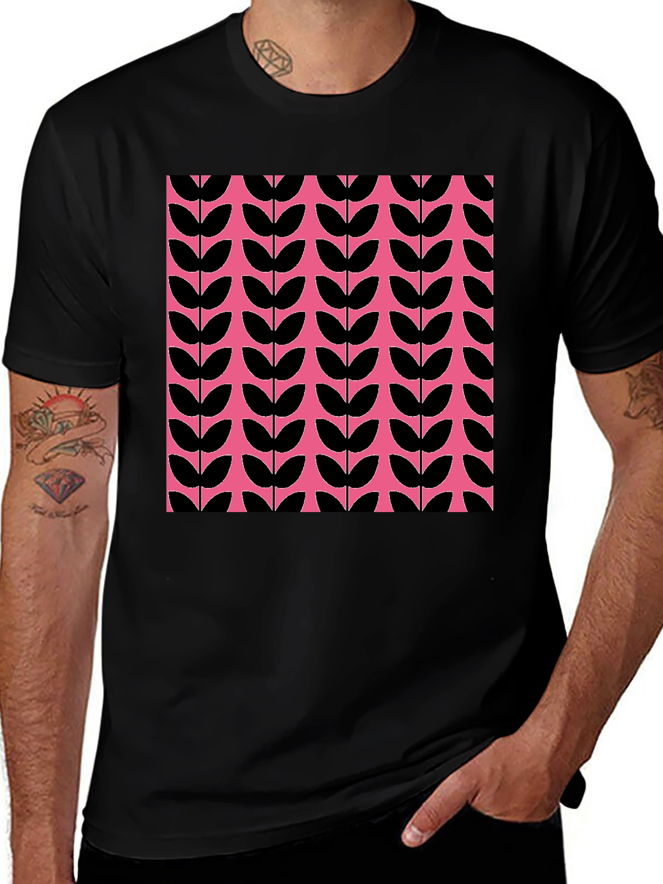 Variant 3 of Retro Floral Print T-Shirt - Black on Pink