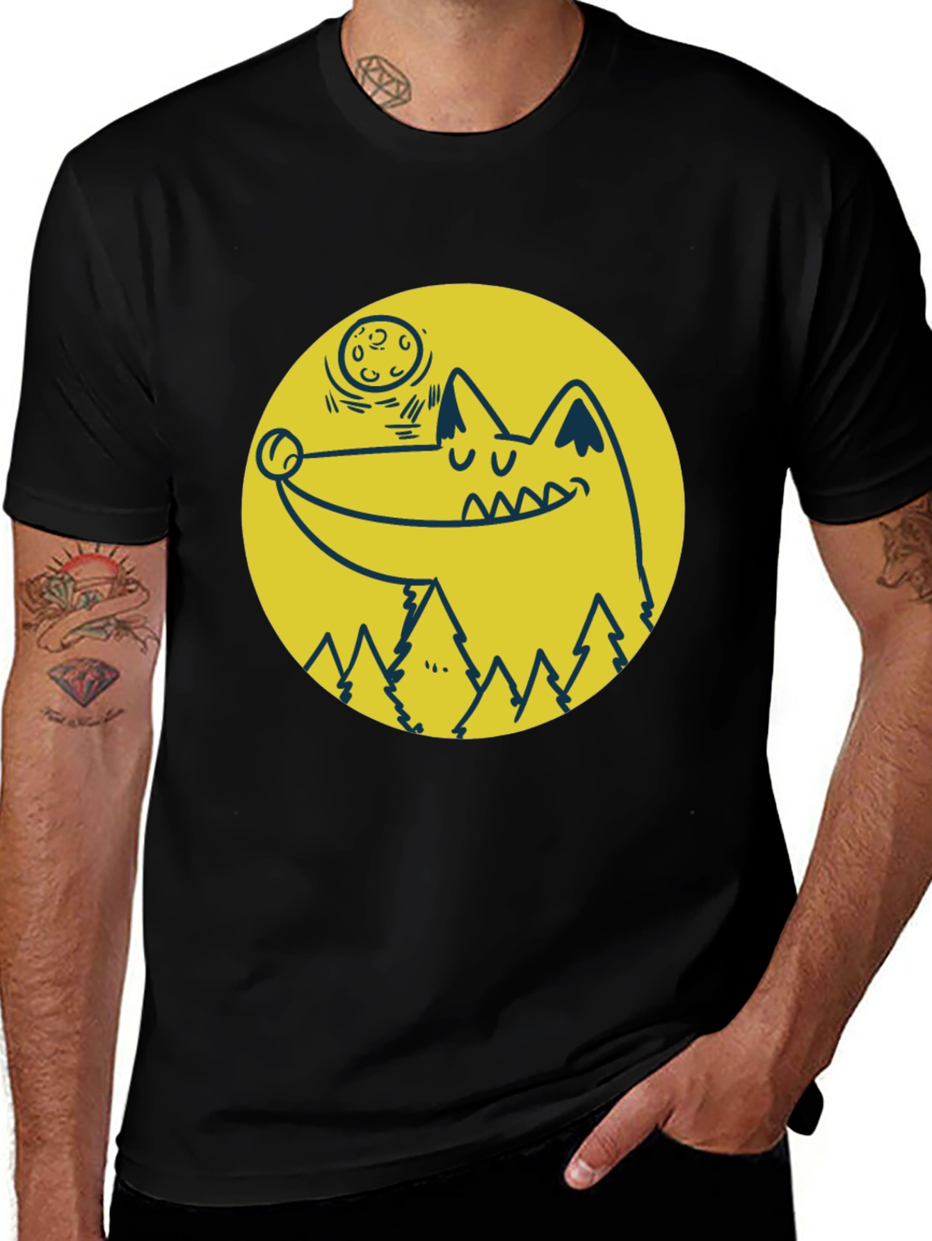 Variant 18 of Cartoon Wolf Moon Graphic Black T-Shirt