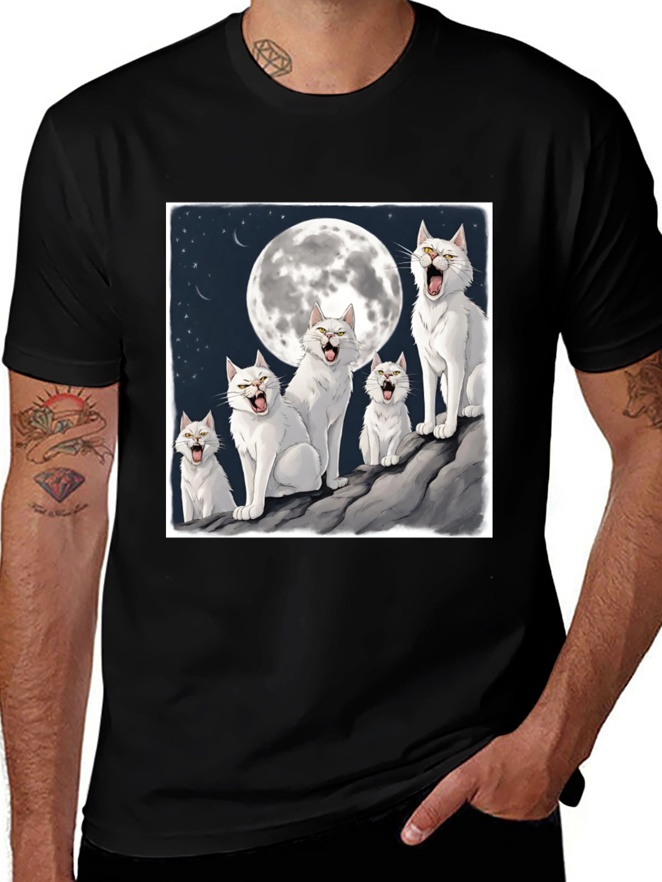 Variant 12 of Howling Moon Cats Graphic Tee - Black