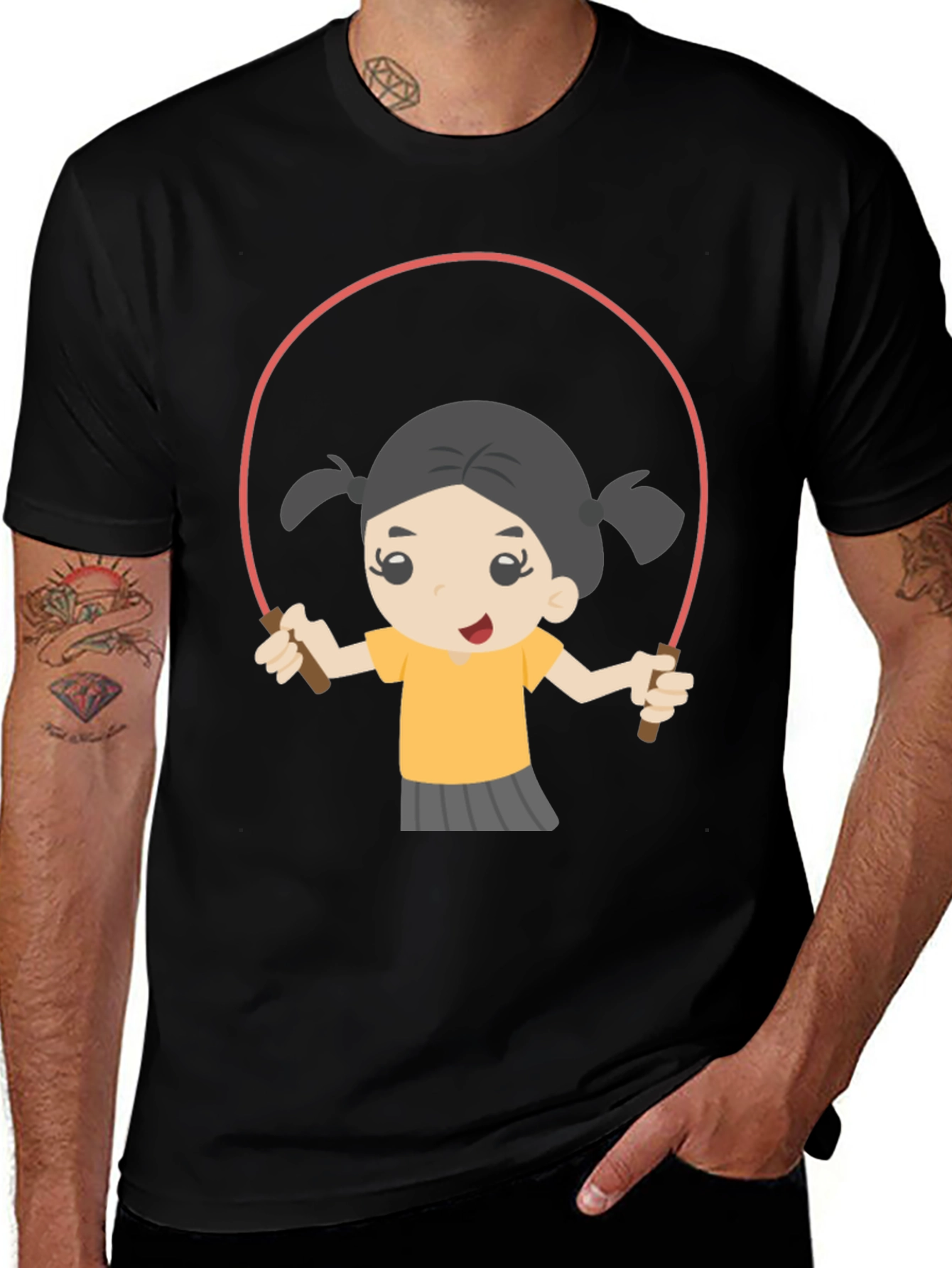 Variant 22 of Girl Jumping Rope Graphic Tee - Black Cotton Casual Shirt