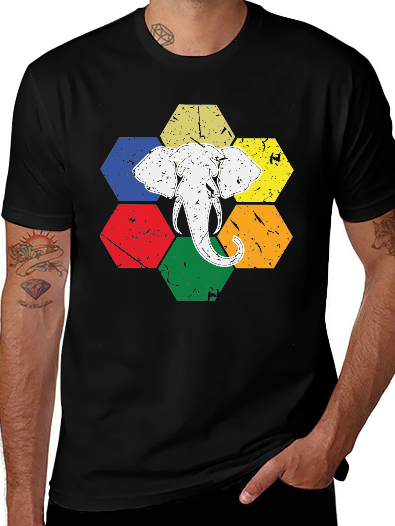 Variant 28 of Elephant Graphic Tee - Colorful Hexagon Design