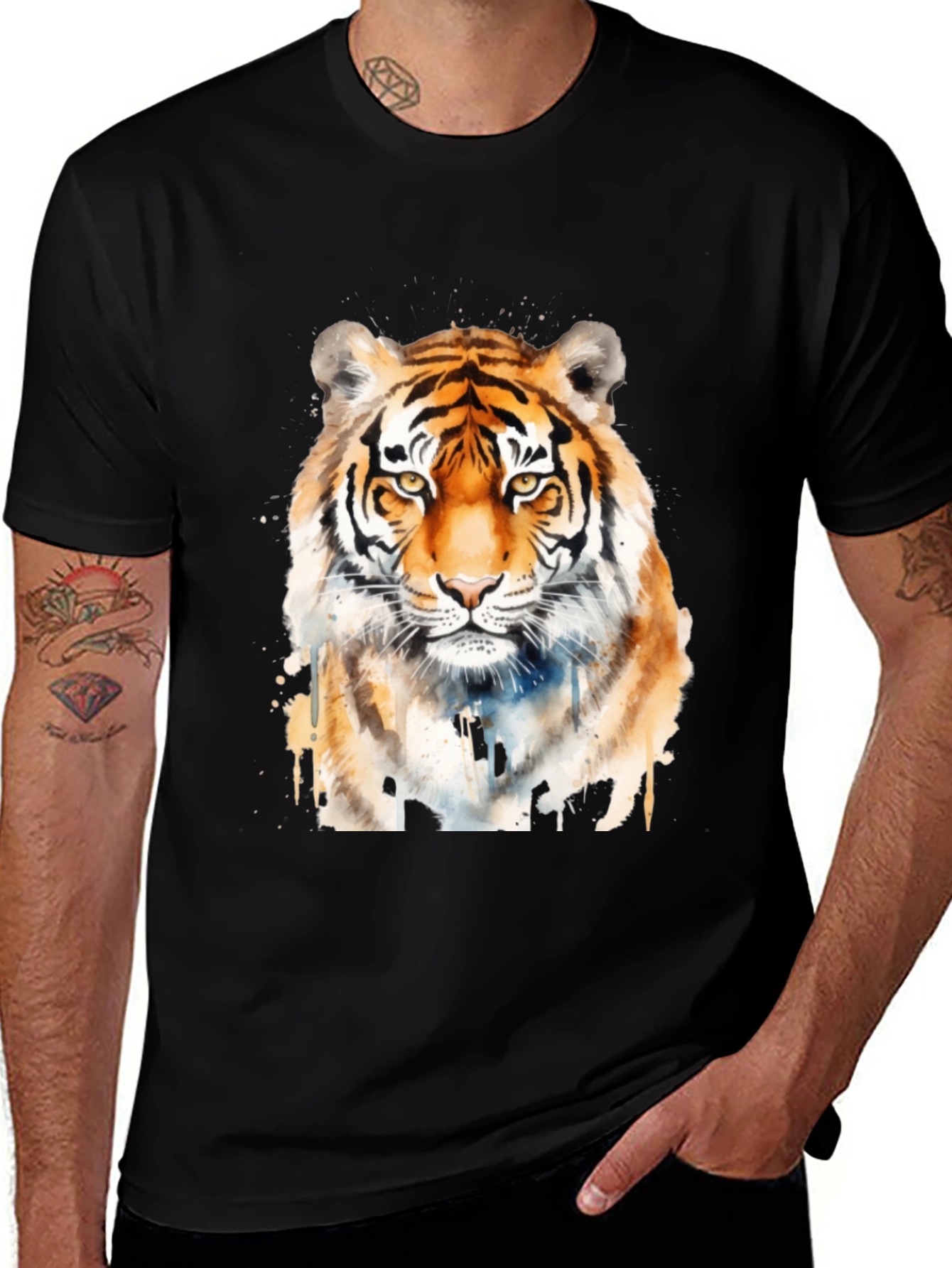 Variant 19 of Tiger Watercolor Graphic Tee - Men's Black T-Shirt