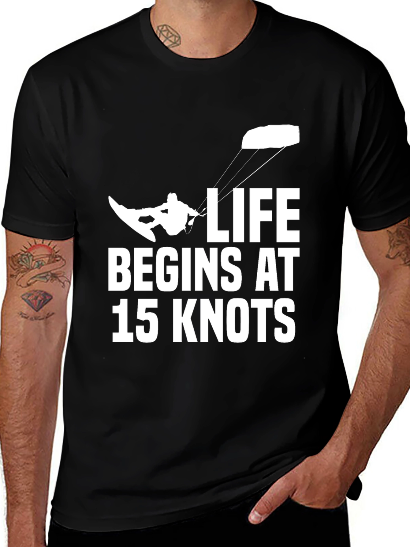 Variant 17 of Life Begins At 15 Knots Kitesurfing T-Shirt